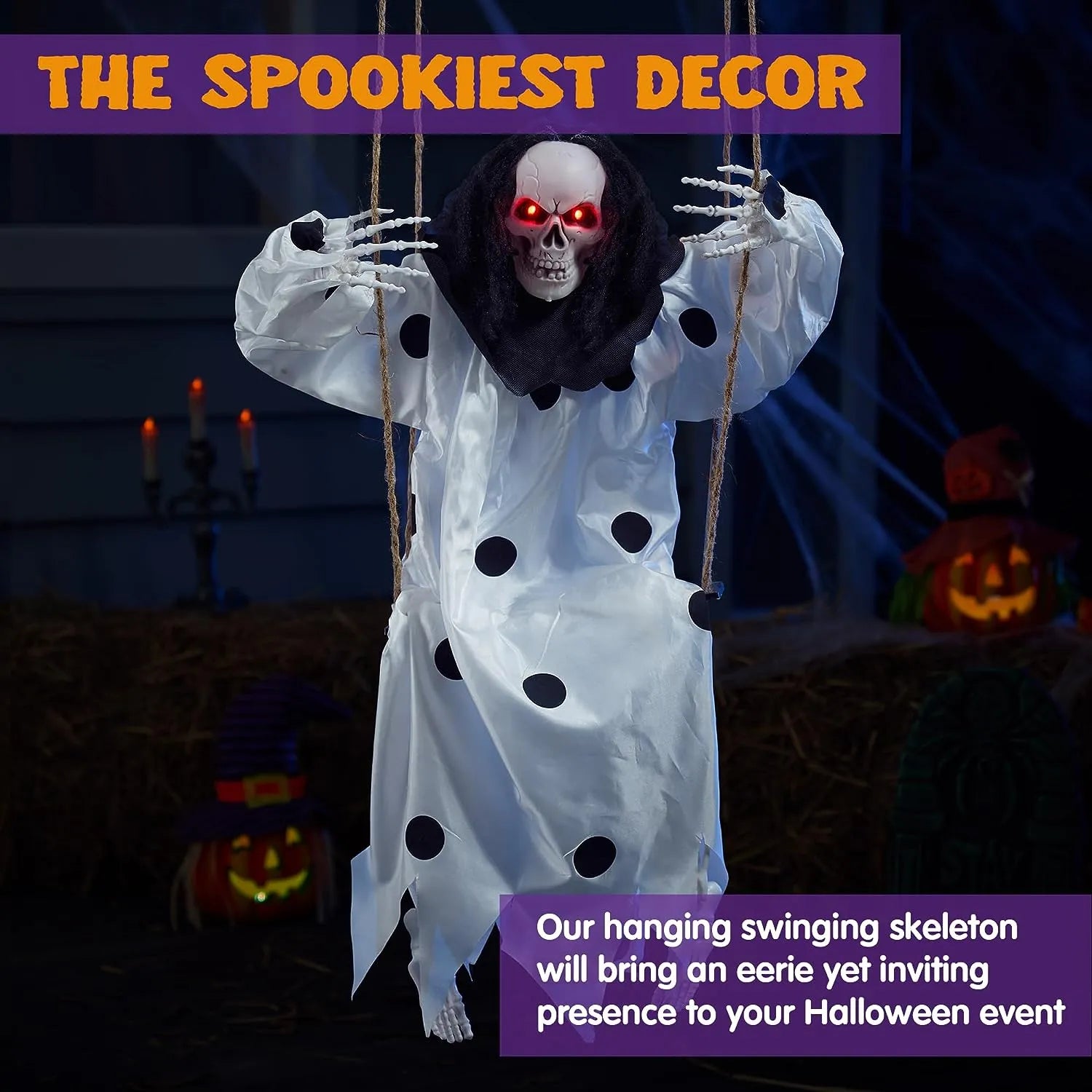 36in Hanging Swing Skeleton Ghost Halloween Light-up Decoration - Image 8