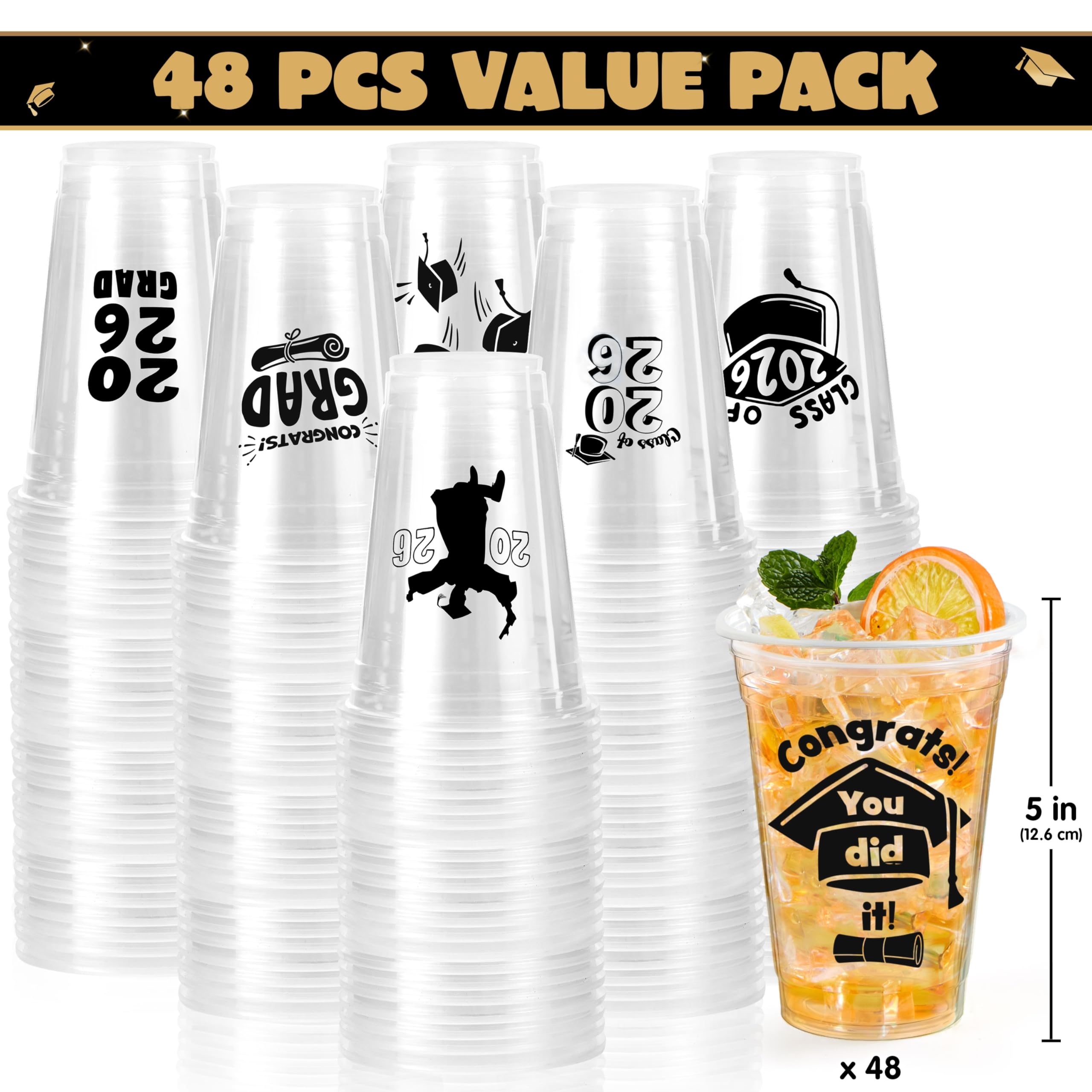 24Pcs 2026 Graduation Plastic Cups Black 16OZ Disposable Party Decorations - Image 2