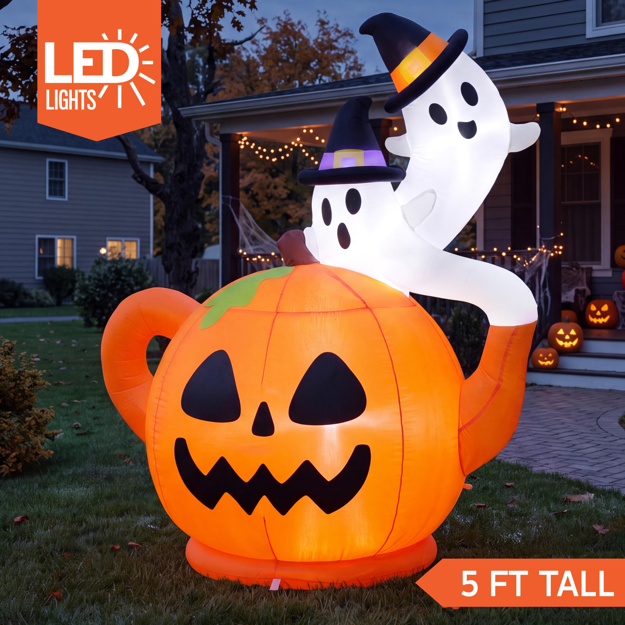 Joiedomi 5FT Halloween Inflatable Spooky Pumpkin Teapot with Ghosts