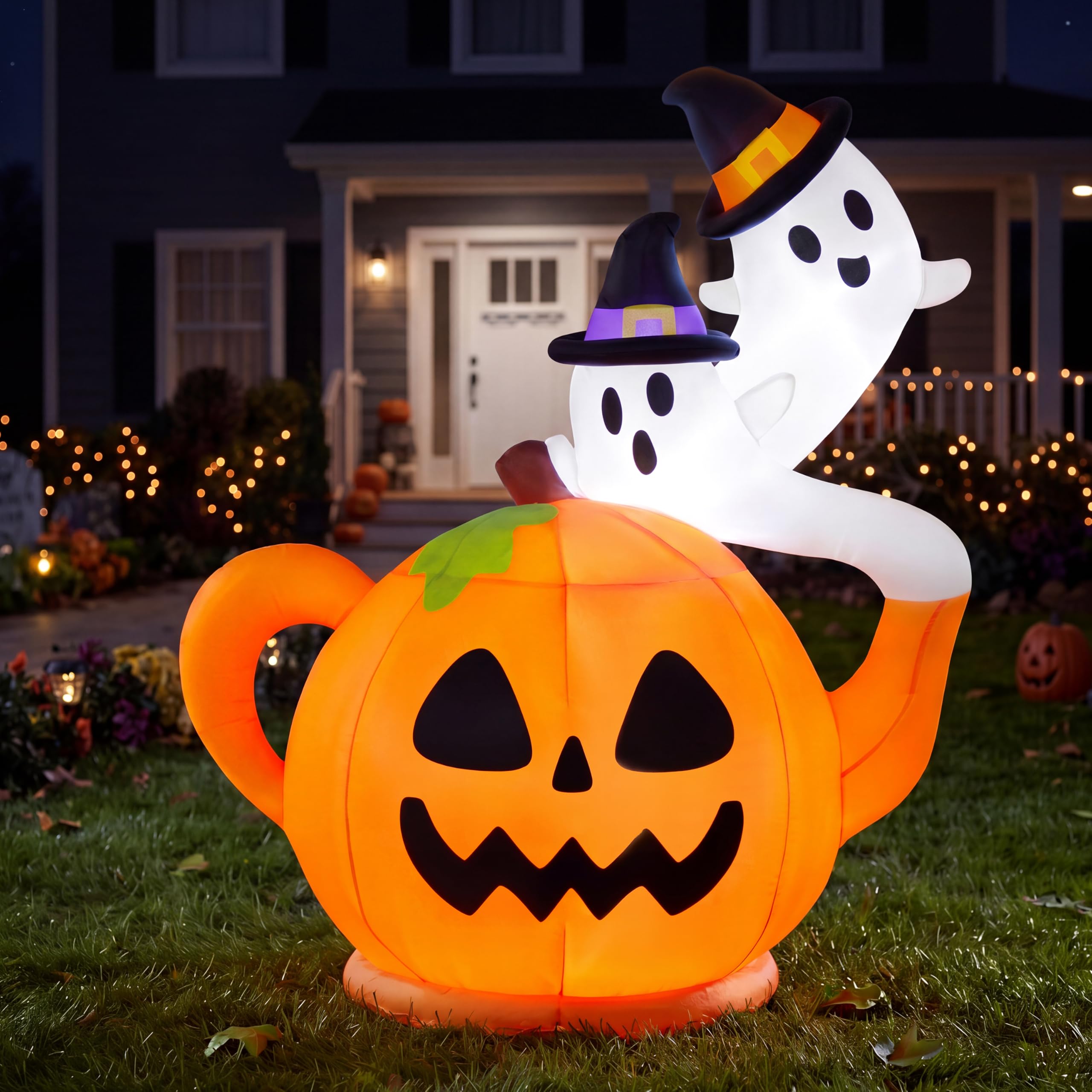 Joiedomi 5FT Halloween Inflatable Spooky Pumpkin Teapot with Ghosts - Image 6