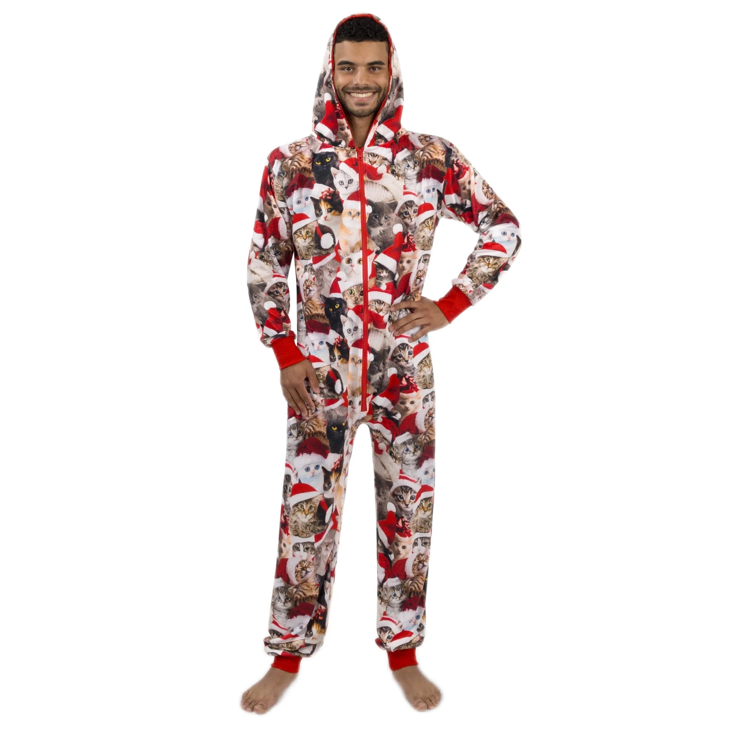 Men Cute Cat Print Christmas Hooded Pajamas, Adults Christmas Pajamas Outfits - Image 3