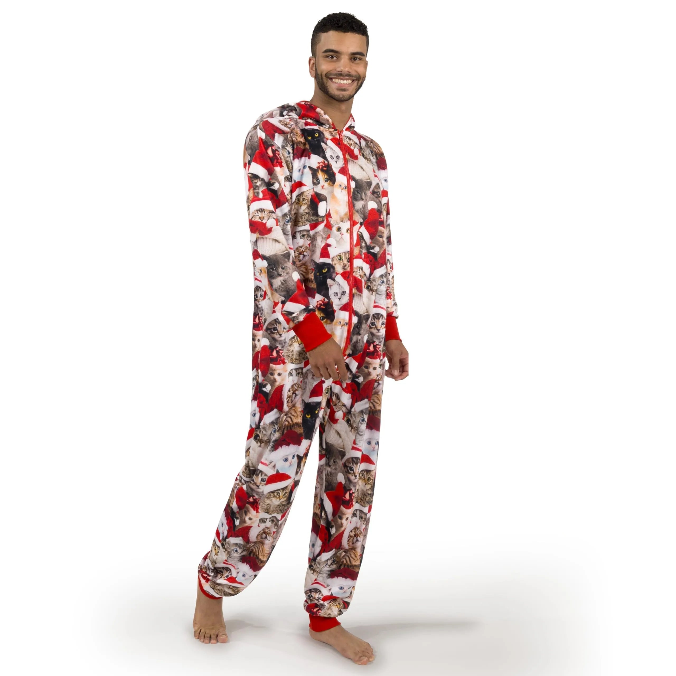 Men Cute Cat Print Christmas Hooded Pajamas, Adults Christmas Pajamas Outfits - Image 6