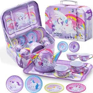 Purple Unicorn Castle Pretend Tin Teapot Set