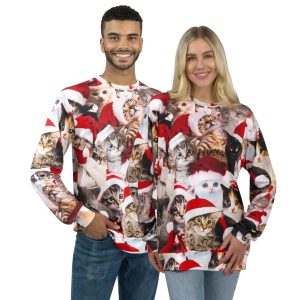 Unisex Loose Christmas Sweatshirt, Cute Kitten Pullover Ugly Christmas Sweater