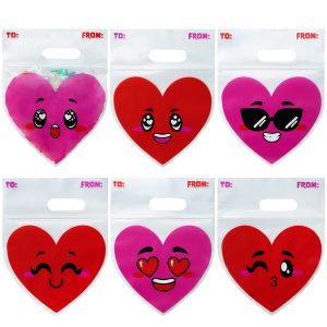 Valentines Day Cellophane Gift Bags - 48 Pcs Red Pink Heart Design, Candy Treat Bags for Kids Party Favors, Classroom Exchange Prizes & Cookie Bags
