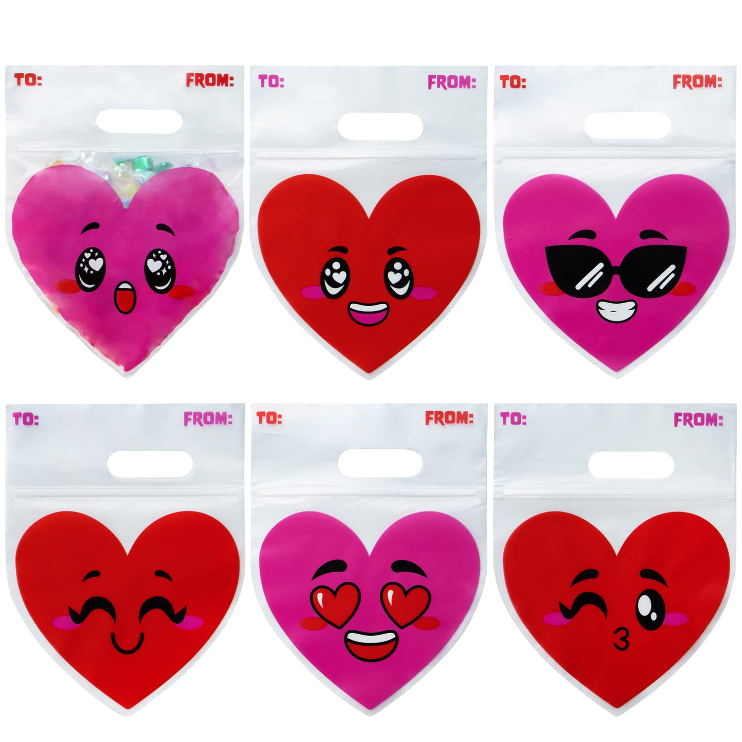 Valentines Day Cellophane Gift Bags - 48 Pcs Red Pink Heart Design, Candy Treat Bags for Kids Party Favors, Classroom Exchange Prizes & Cookie Bags