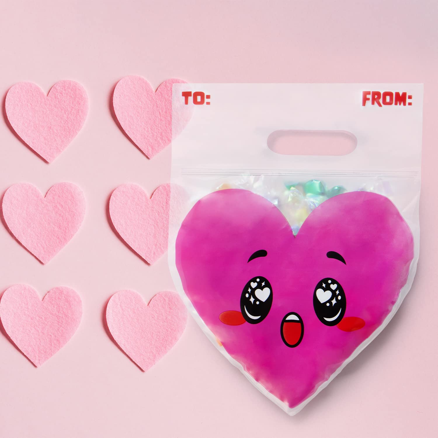 Valentines Day Cellophane Gift Bags - 48 Pcs Red Pink Heart Design, Candy Treat Bags for Kids Party Favors, Classroom Exchange Prizes & Cookie Bags - Image 2
