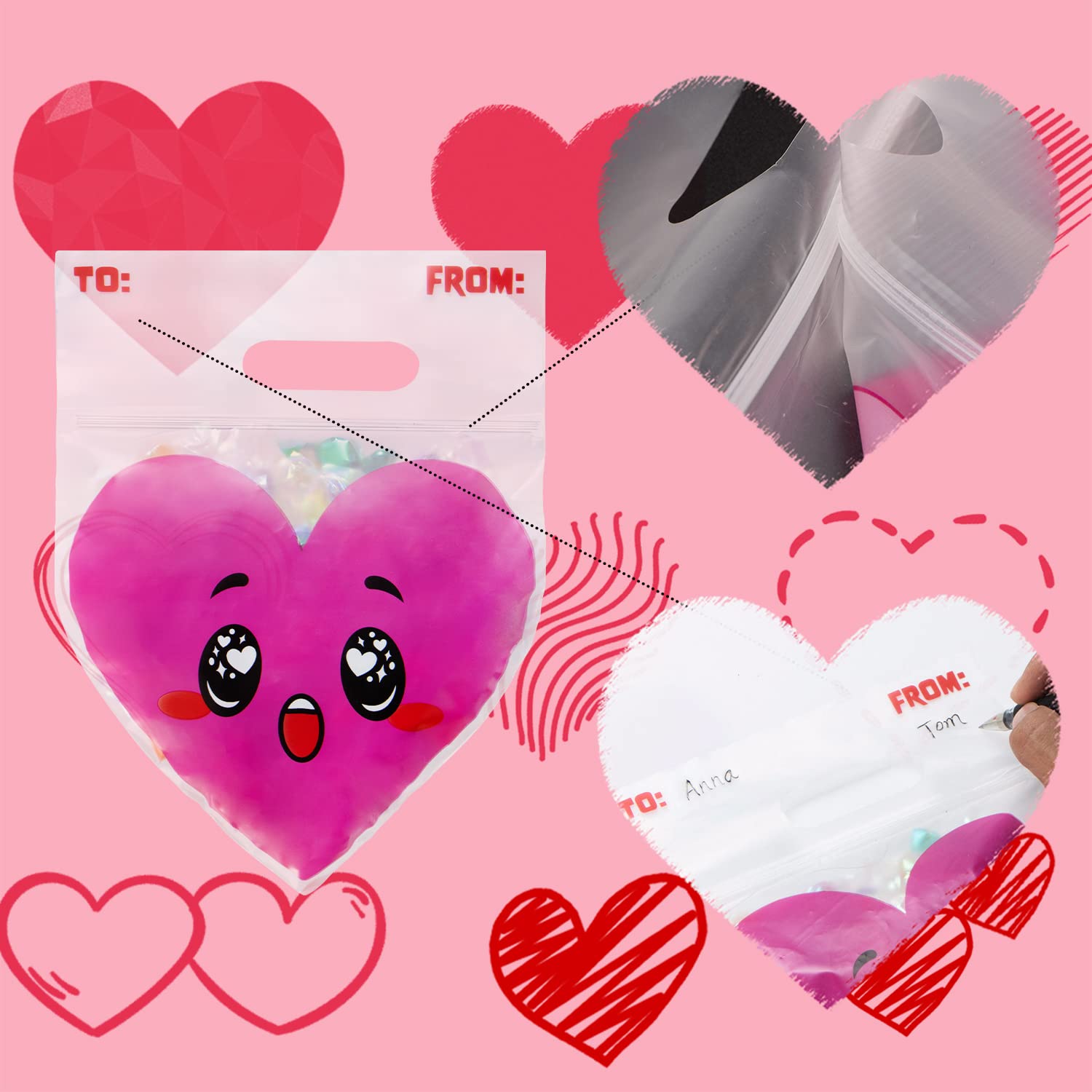 Valentines Day Cellophane Gift Bags - 48 Pcs Red Pink Heart Design, Candy Treat Bags for Kids Party Favors, Classroom Exchange Prizes & Cookie Bags - Image 5