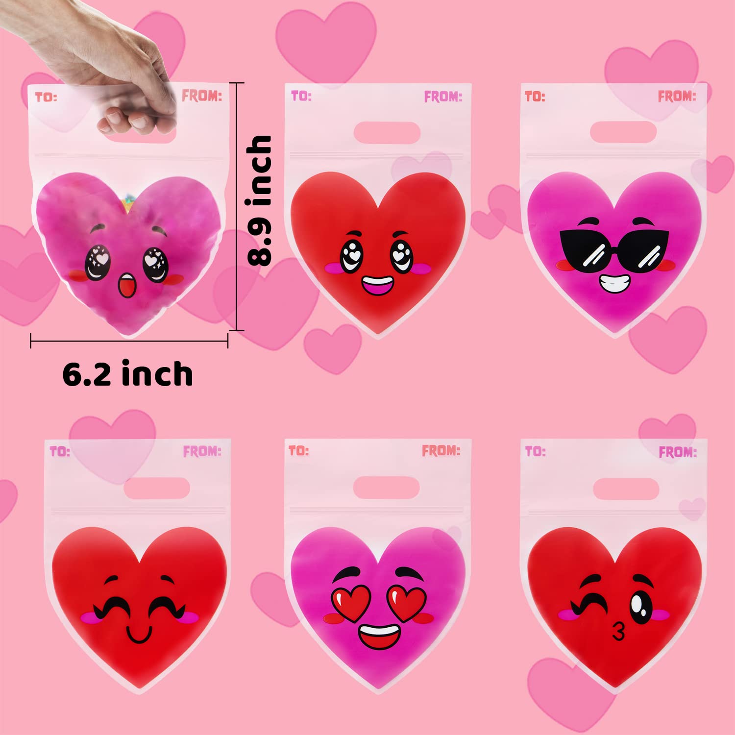 Valentines Day Cellophane Gift Bags - 48 Pcs Red Pink Heart Design, Candy Treat Bags for Kids Party Favors, Classroom Exchange Prizes & Cookie Bags - Image 6