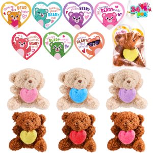 Valentines Day Party Favors Bulk 24 Pack, Plush Teddy Bears Holding Hearts with Cards