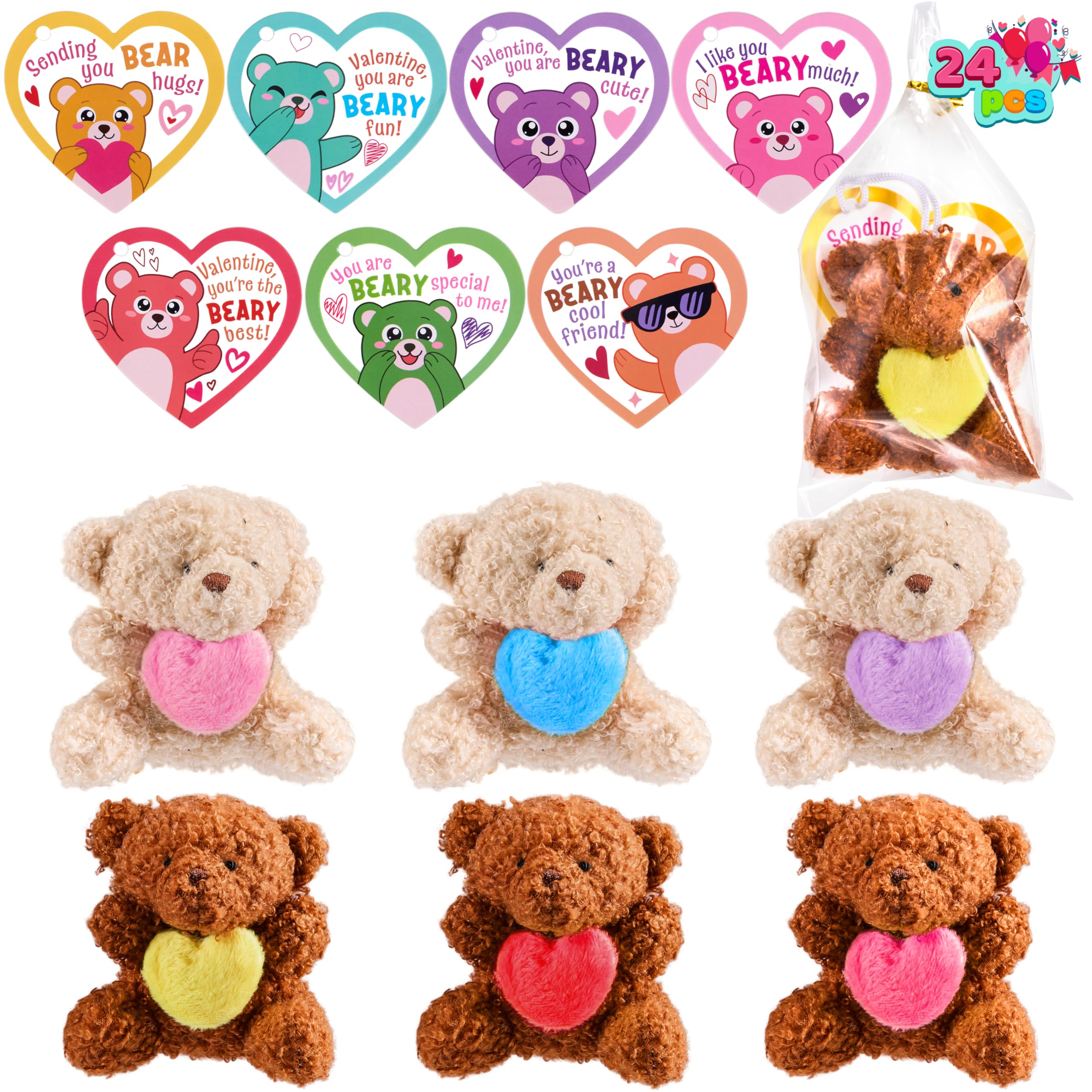 Valentines Day Party Favors Bulk 24 Pack, Plush Teddy Bears Holding Hearts with Cards