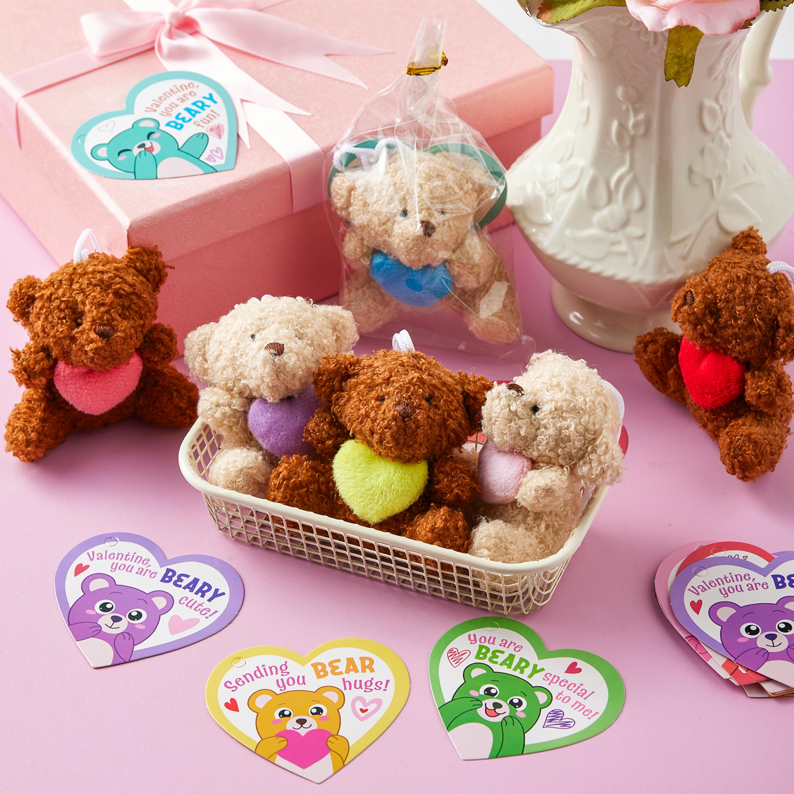 Valentines Day Party Favors Bulk 24 Pack, Plush Teddy Bears Holding Hearts with Cards - Image 2