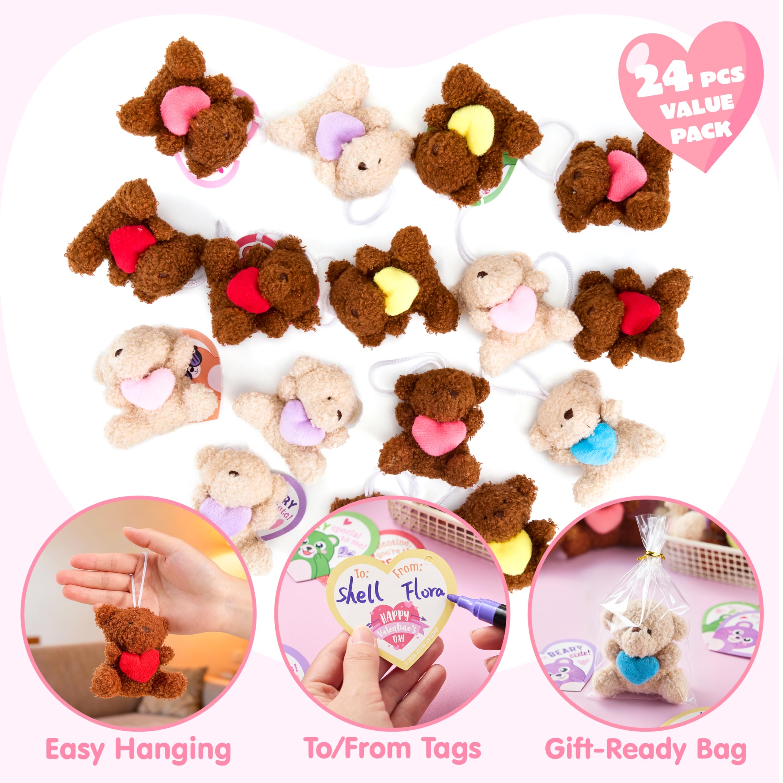 Valentines Day Party Favors Bulk 24 Pack, Plush Teddy Bears Holding Hearts with Cards - Image 8