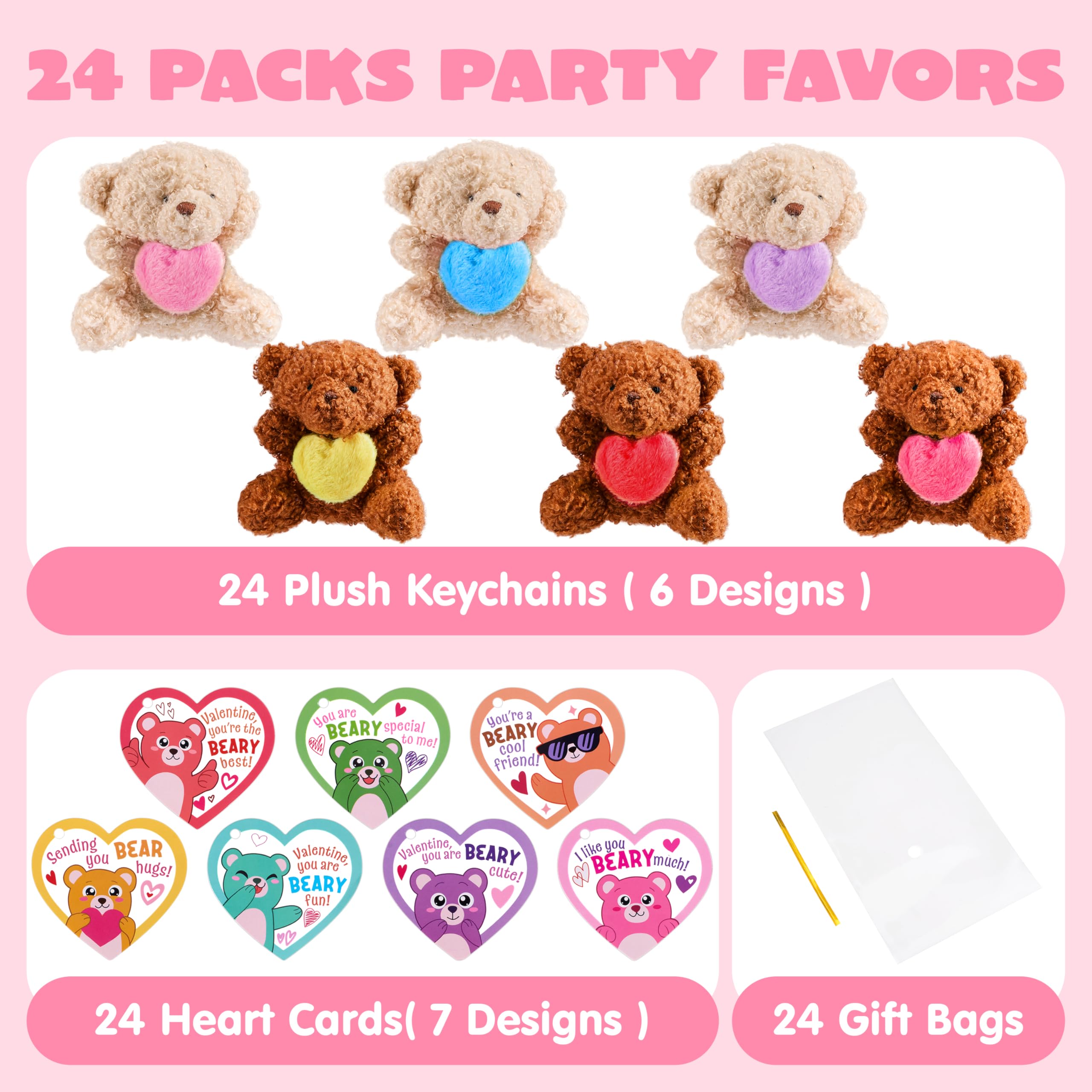 Valentines Day Party Favors Bulk 24 Pack, Plush Teddy Bears Holding Hearts with Cards - Image 9