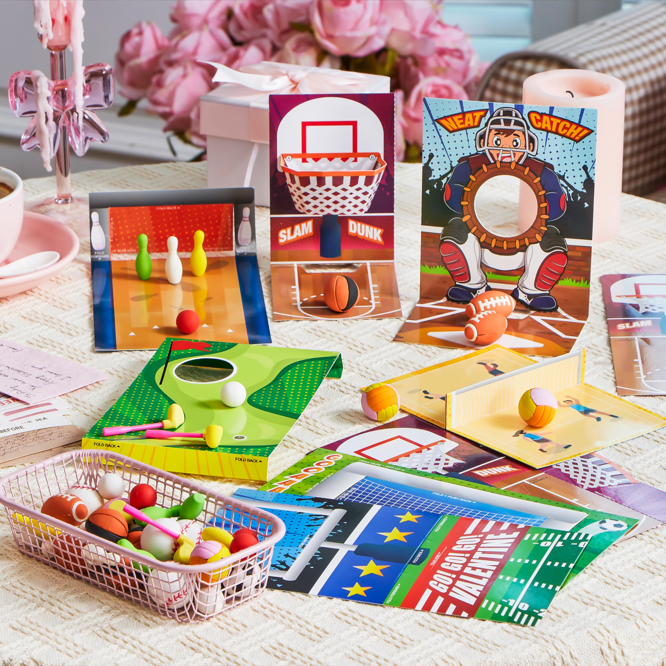 Valentines Day Sports Party Favors for Kids - 28 Game Cards + 7 Mini Sports Ball Erasers (Football Basketball Soccer) | Class Prizes Goodie Bag Stuffers - Image 6