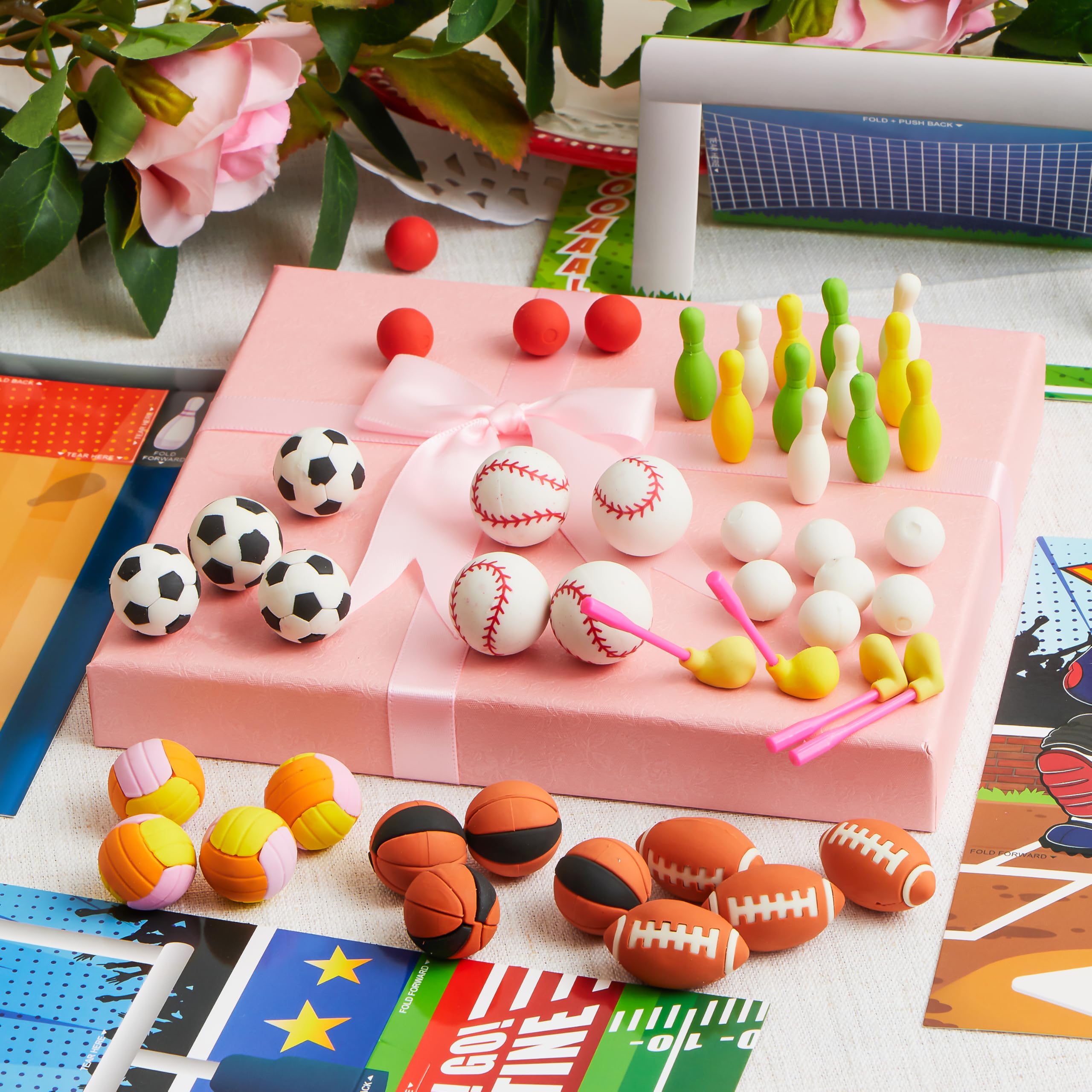 Valentines Day Sports Party Favors for Kids - 28 Game Cards + 7 Mini Sports Ball Erasers (Football Basketball Soccer) | Class Prizes Goodie Bag Stuffers - Image 7