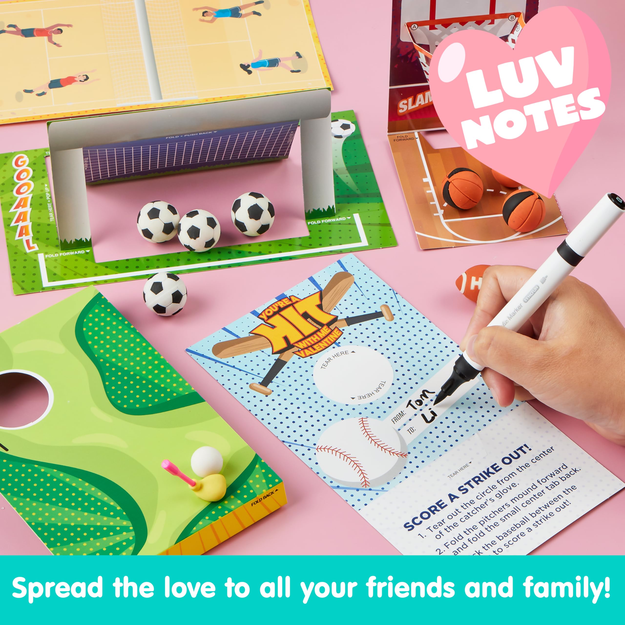 Valentines Day Sports Party Favors for Kids - 28 Game Cards + 7 Mini Sports Ball Erasers (Football Basketball Soccer) | Class Prizes Goodie Bag Stuffers - Image 8