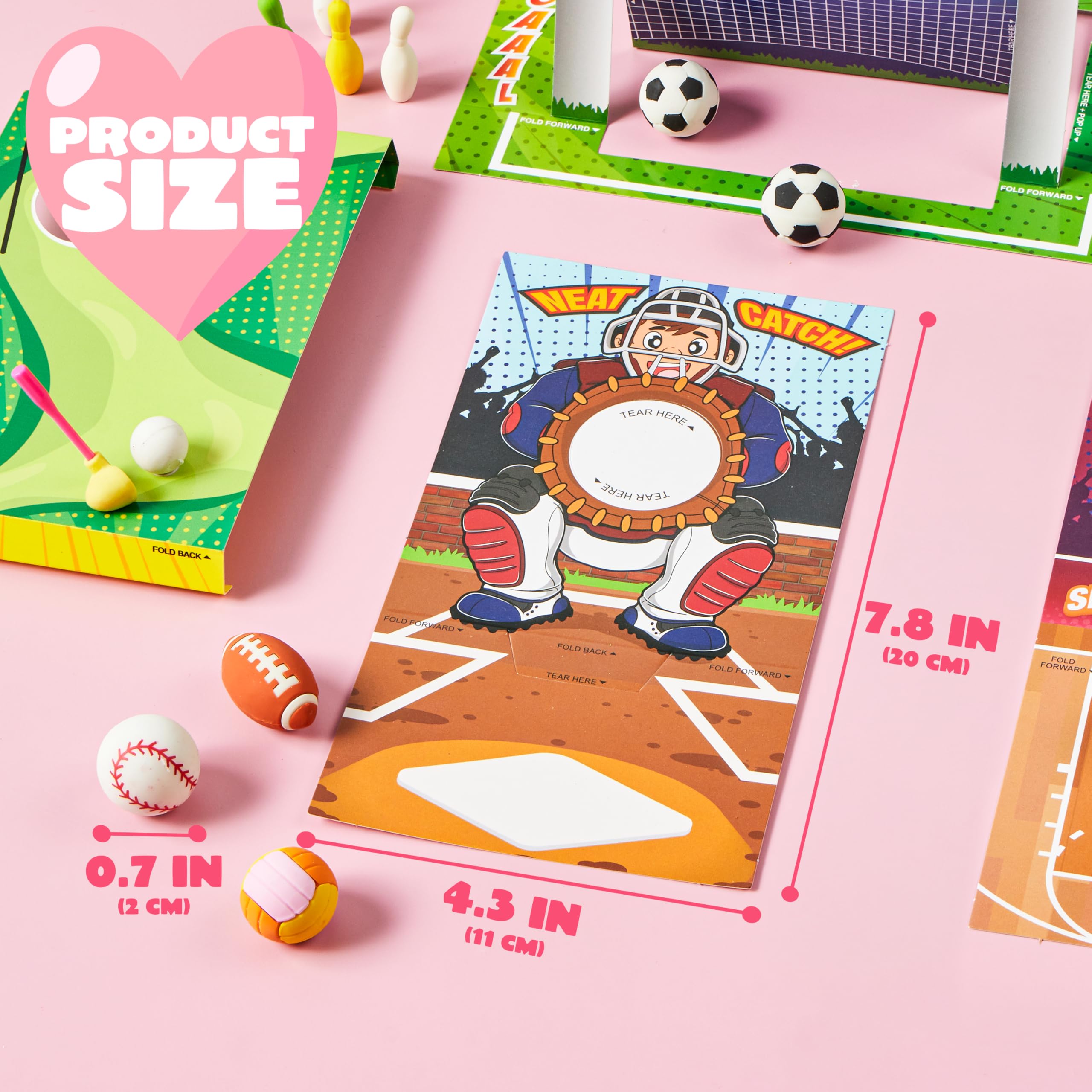 Valentines Day Sports Party Favors for Kids - 28 Game Cards + 7 Mini Sports Ball Erasers (Football Basketball Soccer) | Class Prizes Goodie Bag Stuffers - Image 9