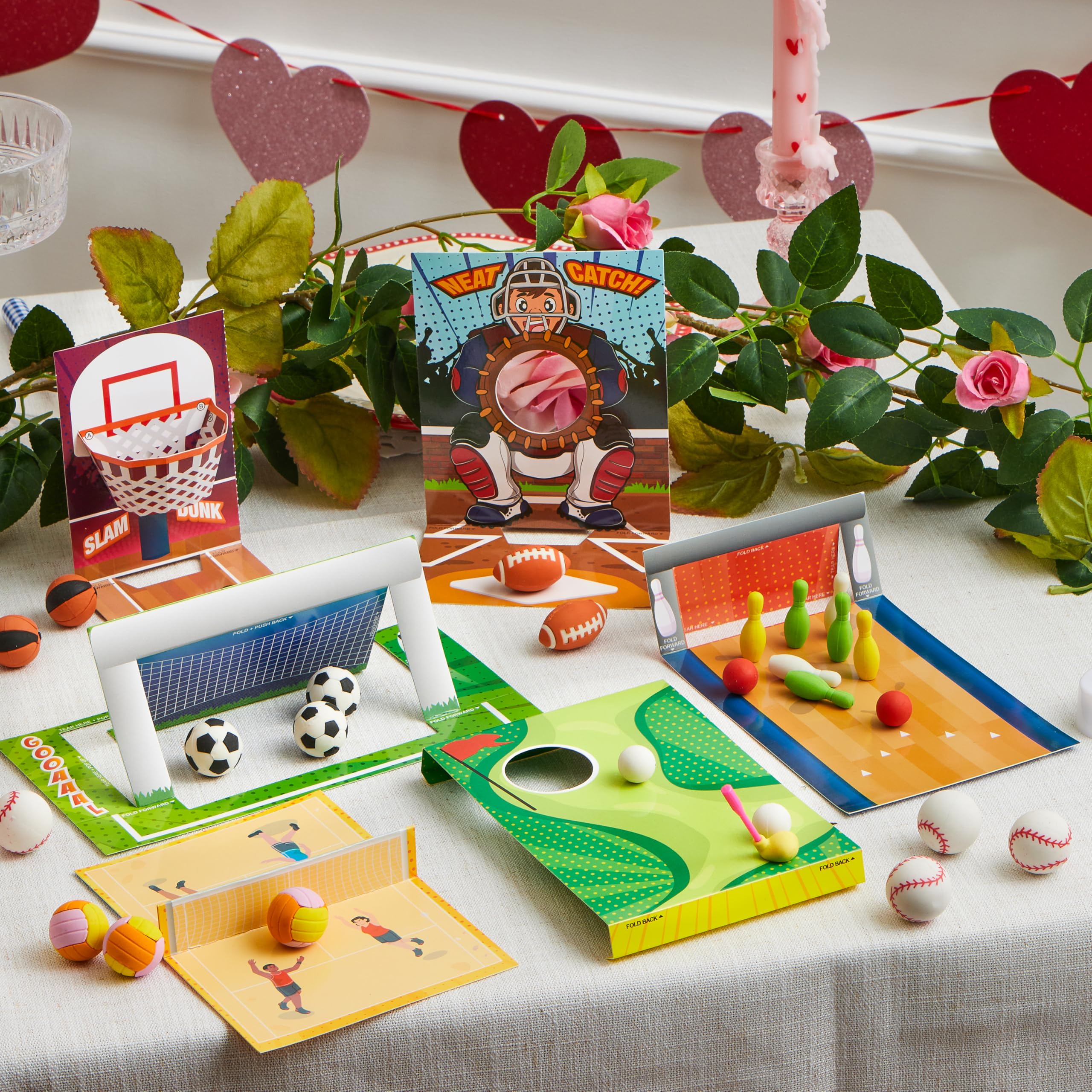 Valentines Day Sports Party Favors for Kids - 28 Game Cards + 7 Mini Sports Ball Erasers (Football Basketball Soccer) | Class Prizes Goodie Bag Stuffers - Image 2