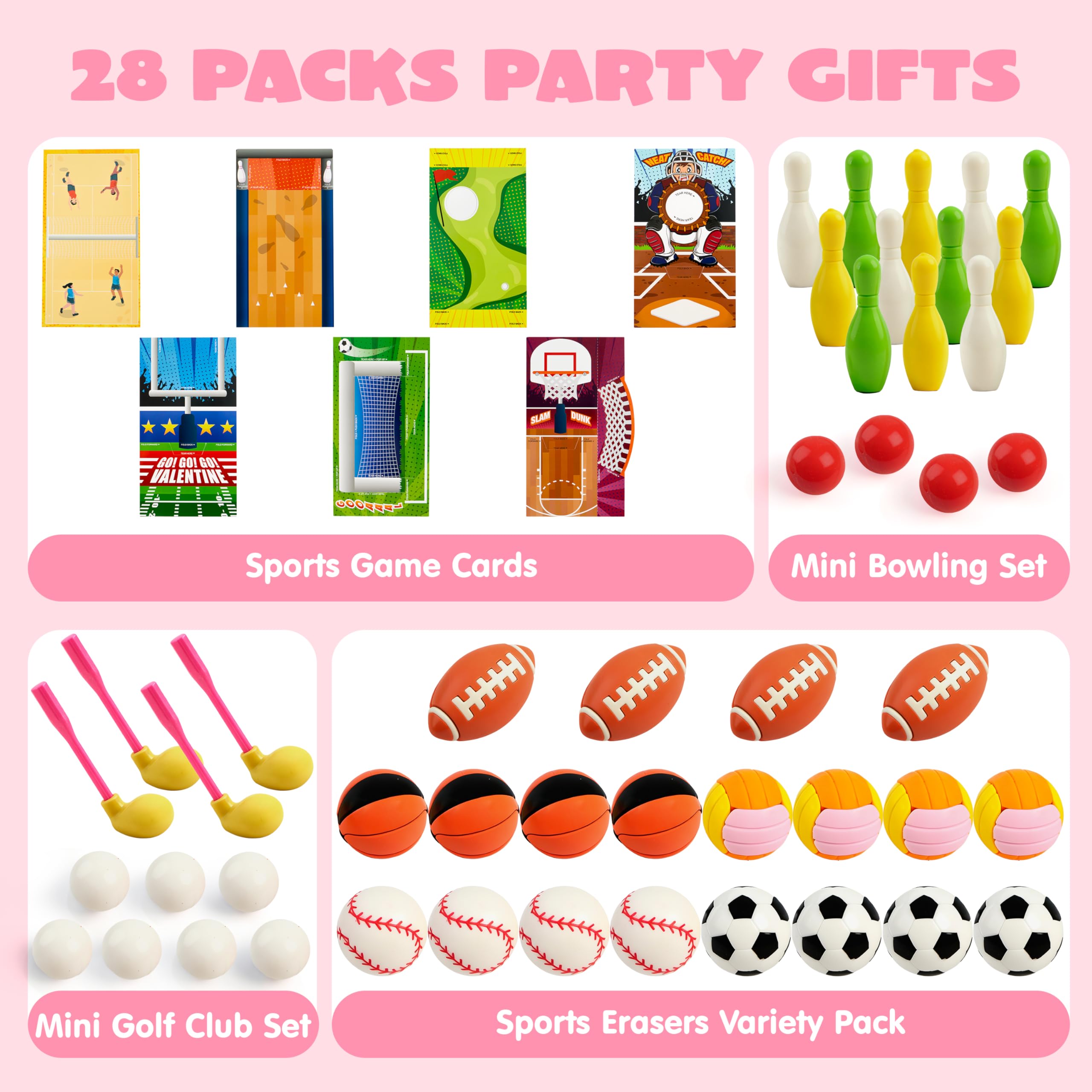 Valentines Day Sports Party Favors for Kids - 28 Game Cards + 7 Mini Sports Ball Erasers (Football Basketball Soccer) | Class Prizes Goodie Bag Stuffers - Image 5