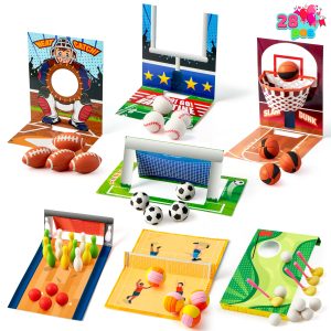 Valentines Day Sports Party Favors for Kids - 28 Game Cards + 7 Mini Sports Ball Erasers (Football Basketball Soccer) | Class Prizes Goodie Bag Stuffers