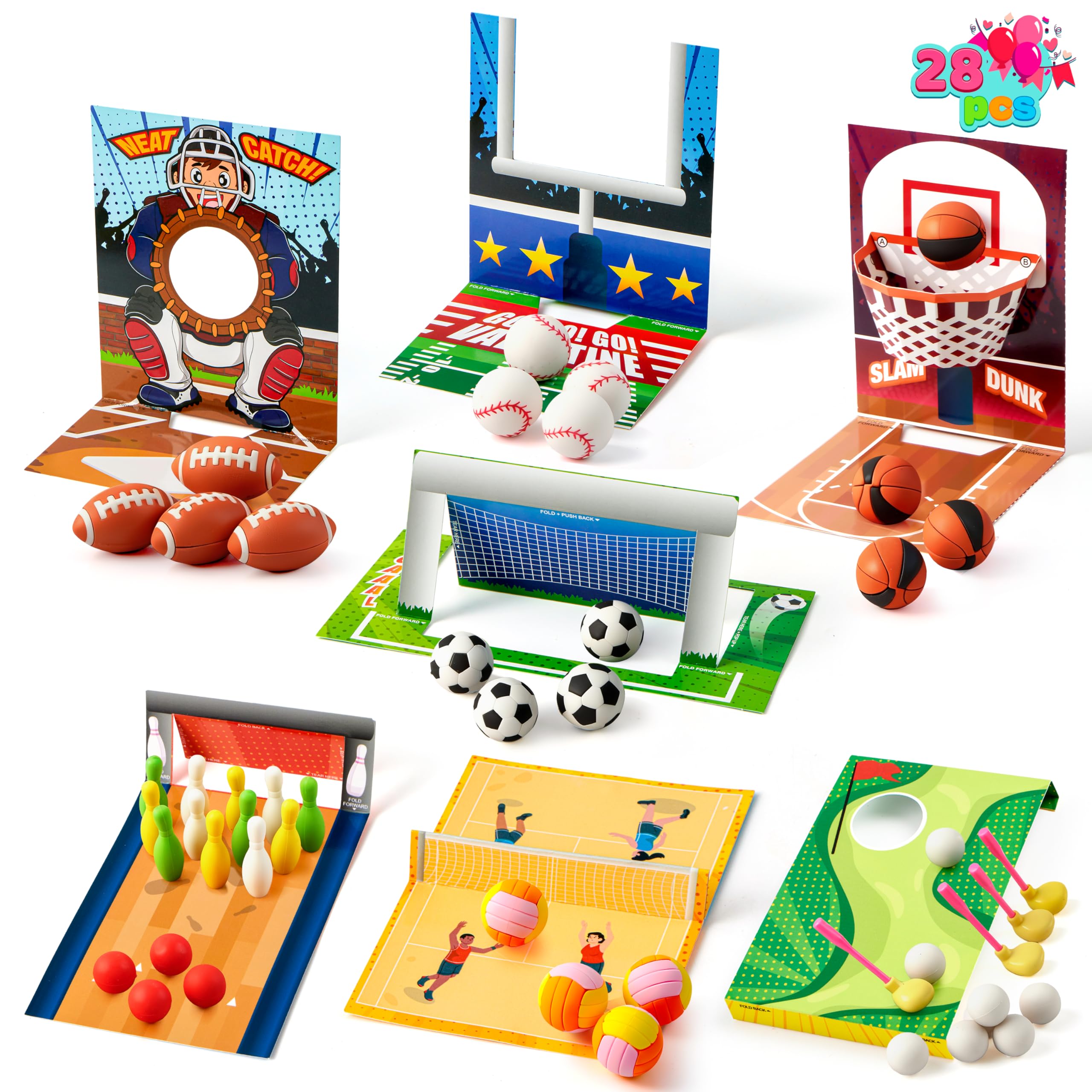 Valentines Day Sports Party Favors for Kids - 28 Game Cards + 7 Mini Sports Ball Erasers (Football Basketball Soccer) | Class Prizes Goodie Bag Stuffers