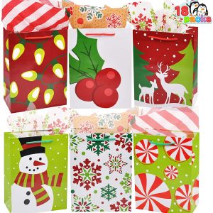 18Pcs Christmas Gift Bags, Holiday Paper Goody Bags with Handles