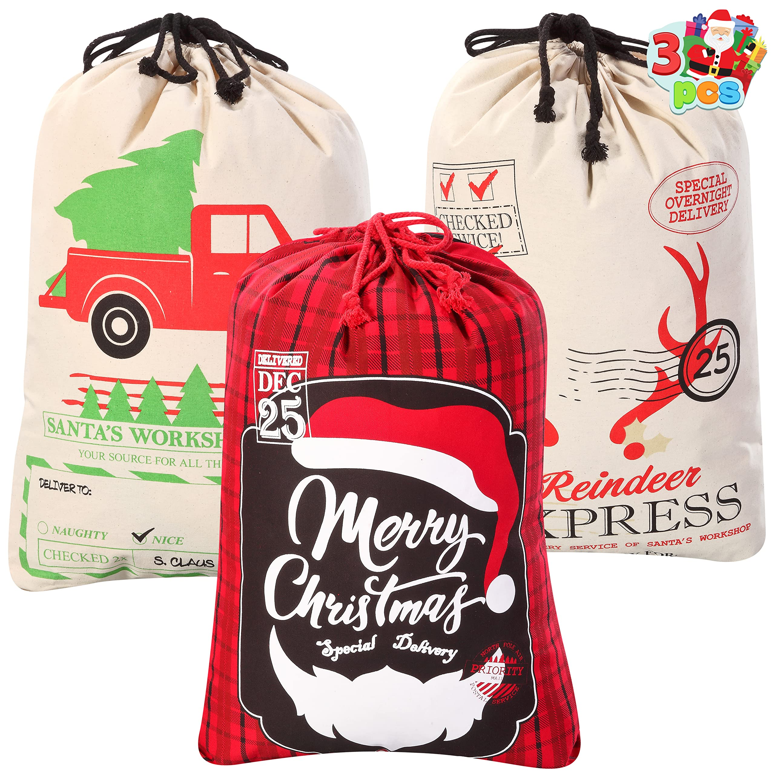 Christmas Canvas Burlap Gift Bags, 3Pcs - Image 2