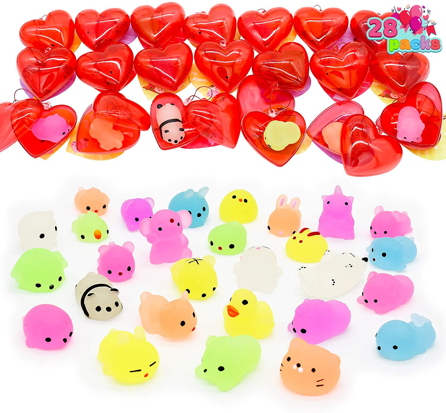 28Pcs Glow In The Dark Mochi Squishy Toys Filled Hearts Set with Kids Valentines Cards - Image 9