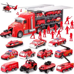 25 in 1 Fire Rescue Carrier Truck Toy Set with 12 Diecast Vehicles & 12 Figures