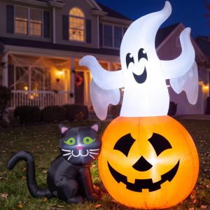 JOYIN 5 FT Lighted Ghost on Pumpkin with Black Cat - Halloween Inflatable