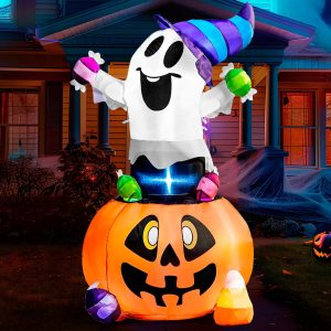 5FT Halloween Inflatable Ghost Gripping Pumpkin Candy with LED