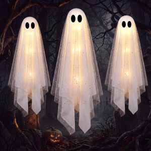 JOYIN 3 PCS Light Up Hanging Ghosts - Warm White LED Halloween Decor