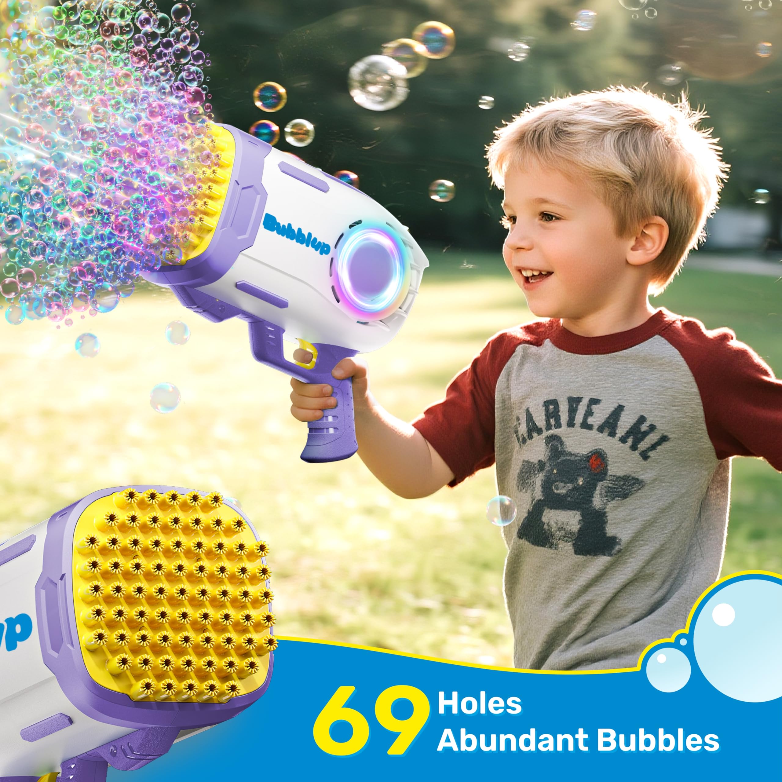 Play-Act 69 Holes Bubble Machine Guns Toys, Bazooka Rocket Shape Bubble Gun for Kids Adults, Colored Lights Blaster Blower with Solution,purple - Image 2