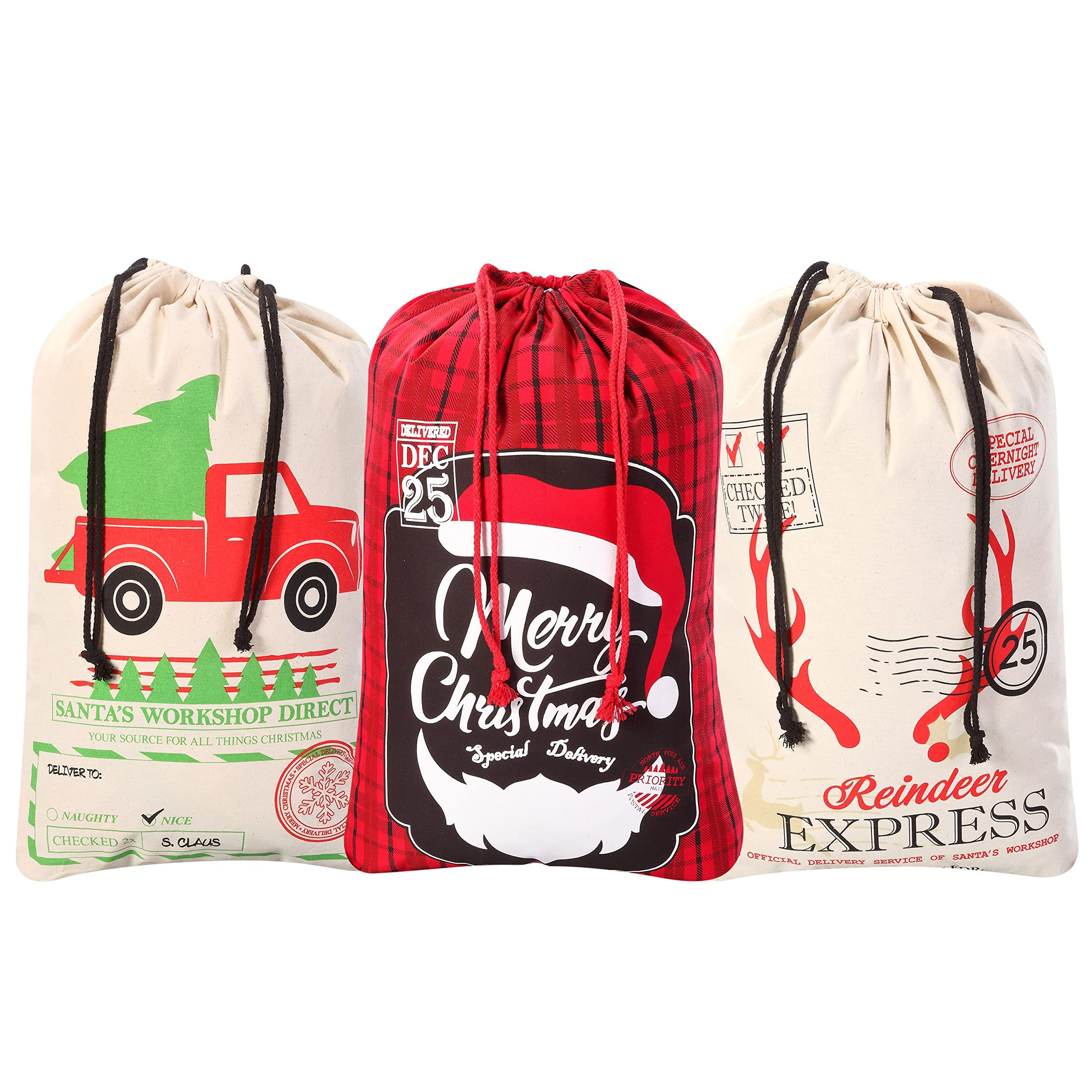 Christmas Canvas Burlap Gift Bags, 3Pcs