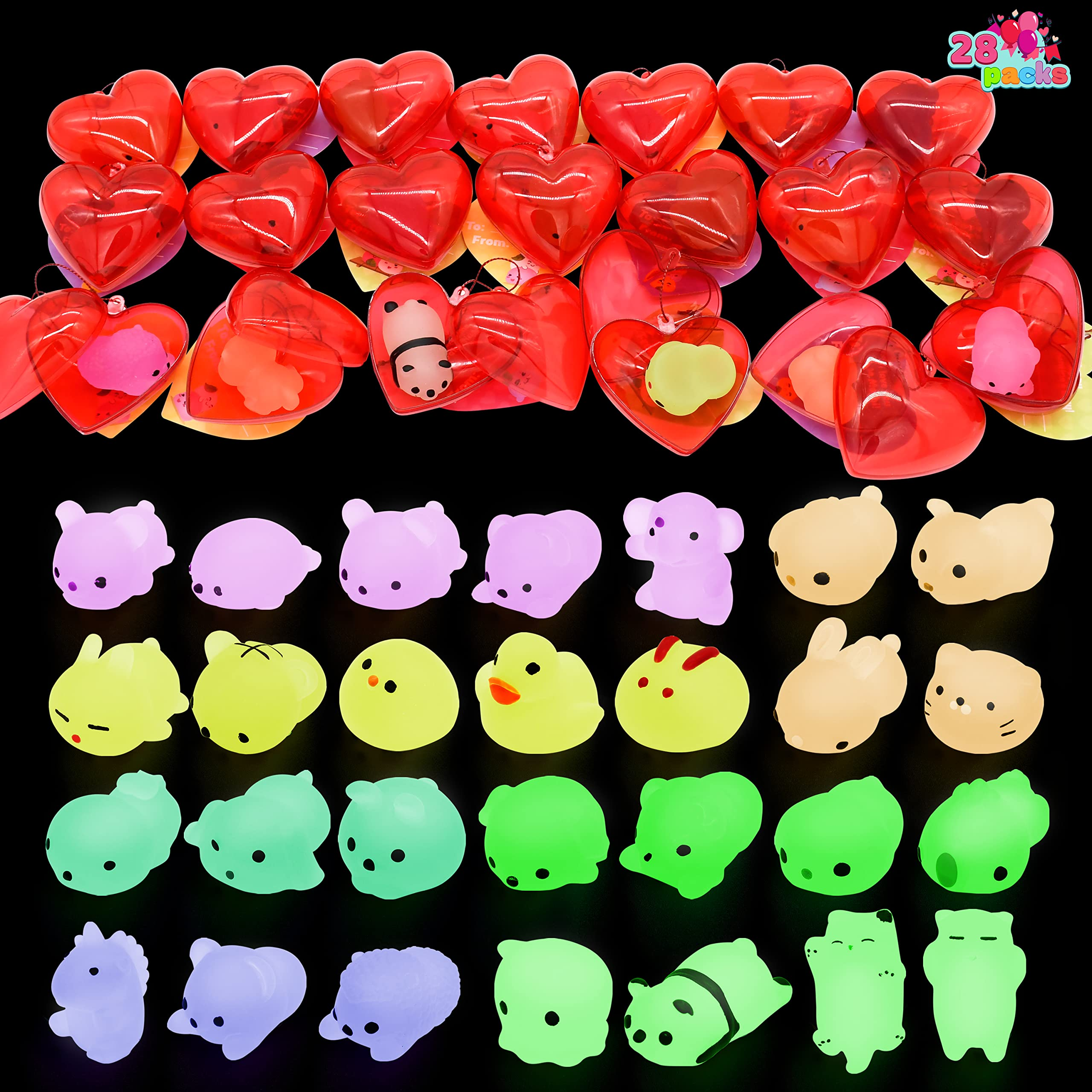 28Pcs Glow In The Dark Mochi Squishy Toys Filled Hearts Set with Kids Valentines Cards - Image 3