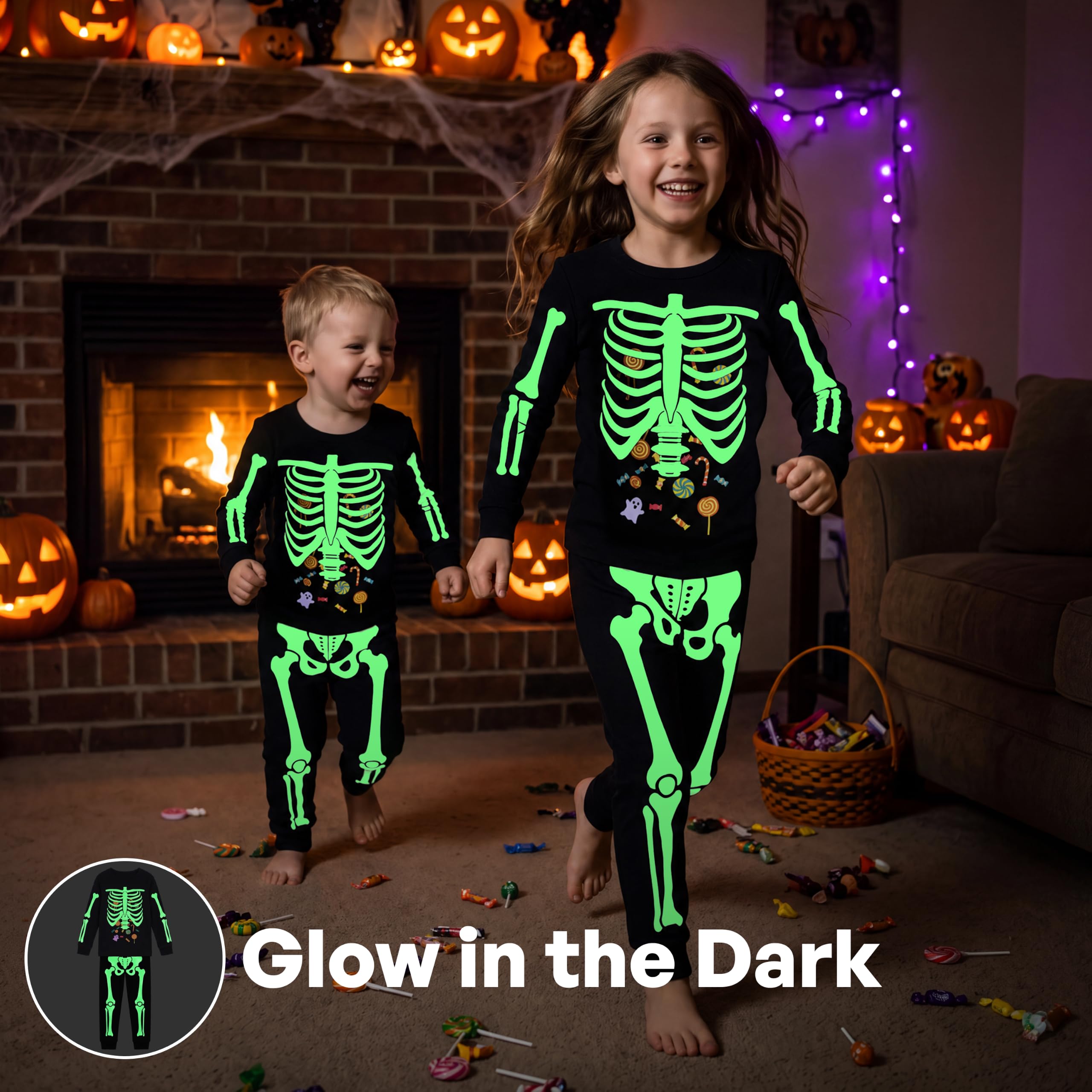 Giggling Getup Kids Skeleton Pajamas - Glow in the Dark 100% Cotton for 3T-8Y - Image 2