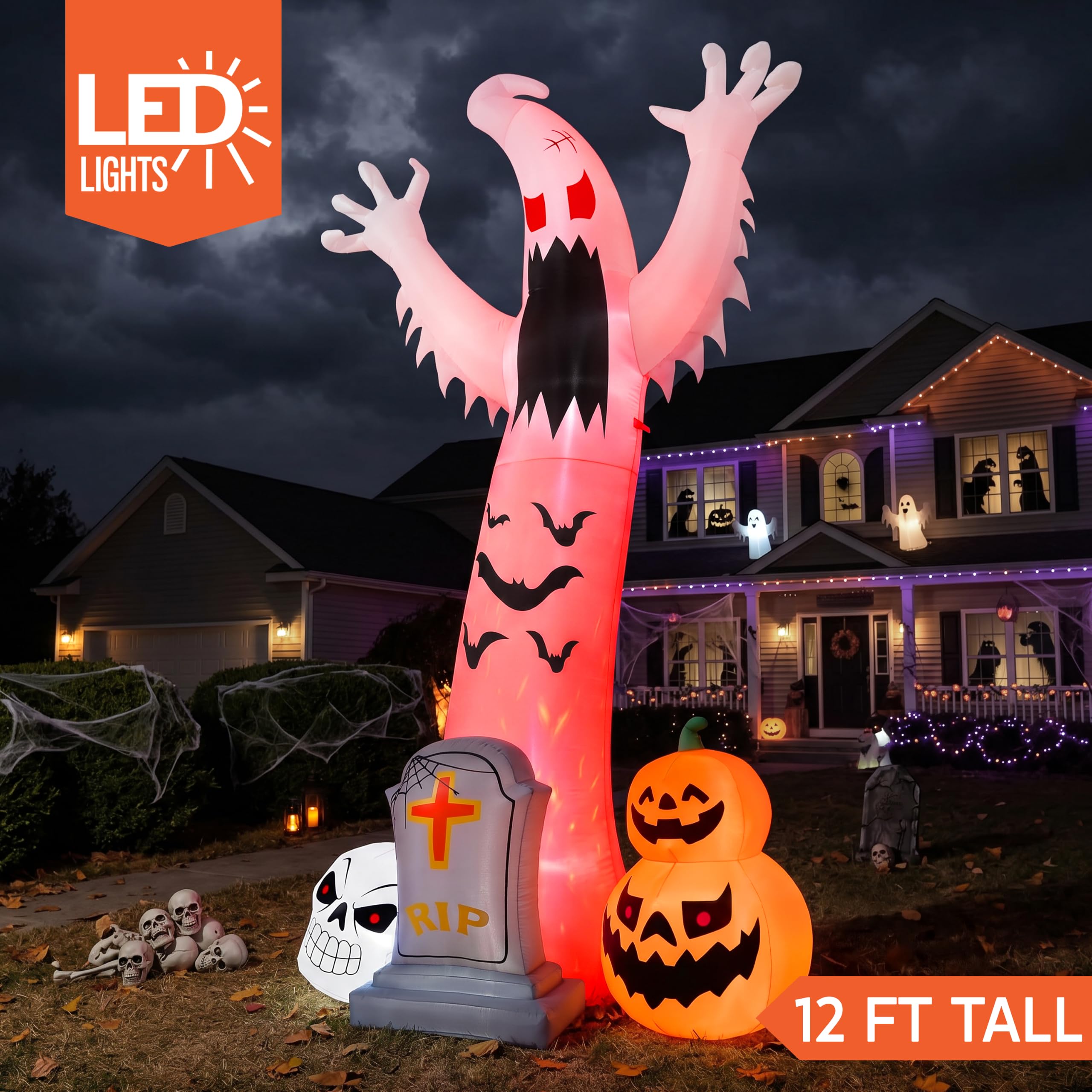 Halloween Inflatable Ghost Skeleton 12ft with LED | Outdoor Yard - Image 3
