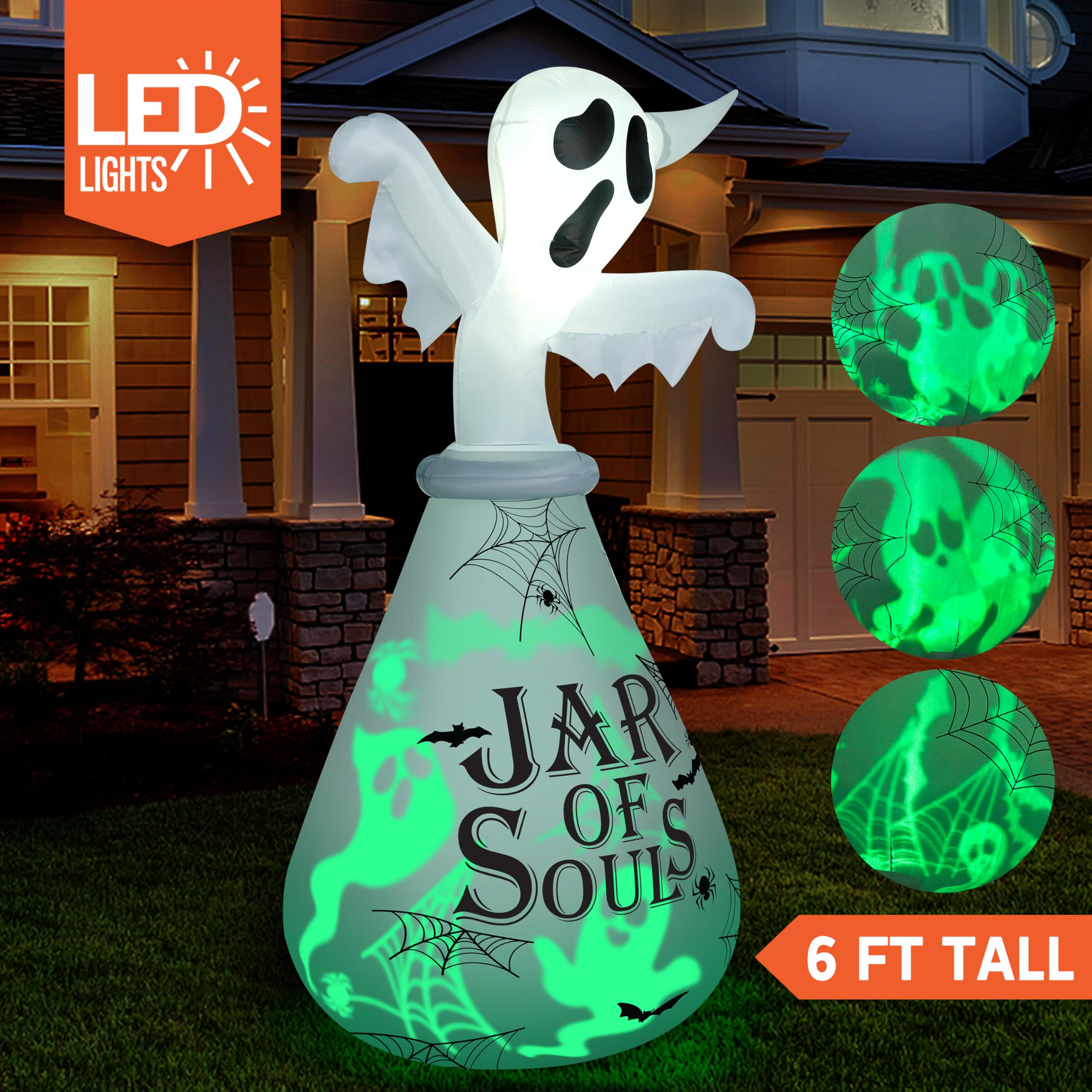 Halloween Inflatable Ghost in Jar 6ft with Green LED Lights - Image 2