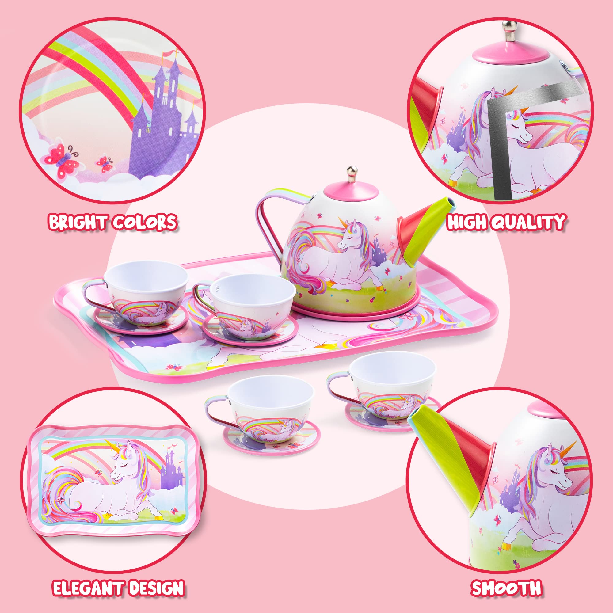 Unicorn Tin Teapot Set With Mermaid Case, 14 Pcs - Image 3