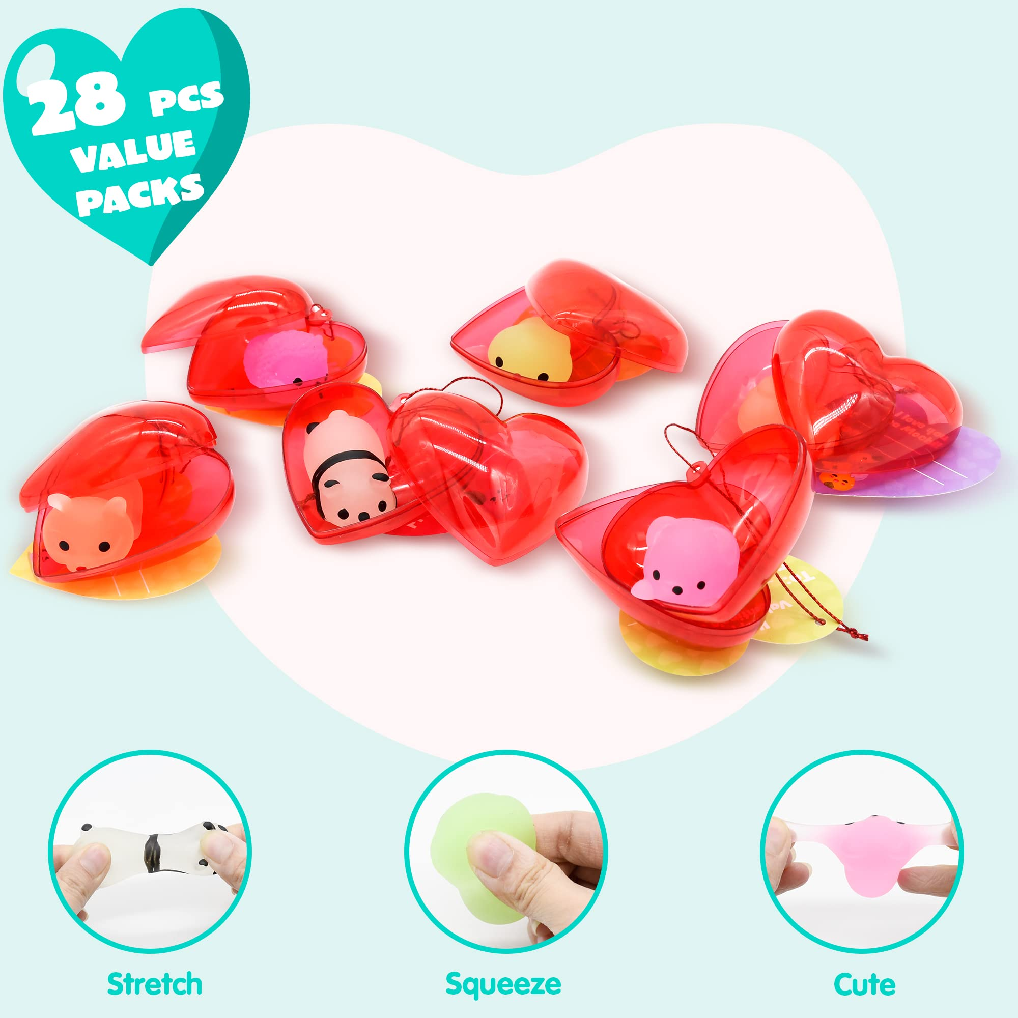 28Pcs Glow In The Dark Mochi Squishy Toys Filled Hearts Set with Kids Valentines Cards - Image 4