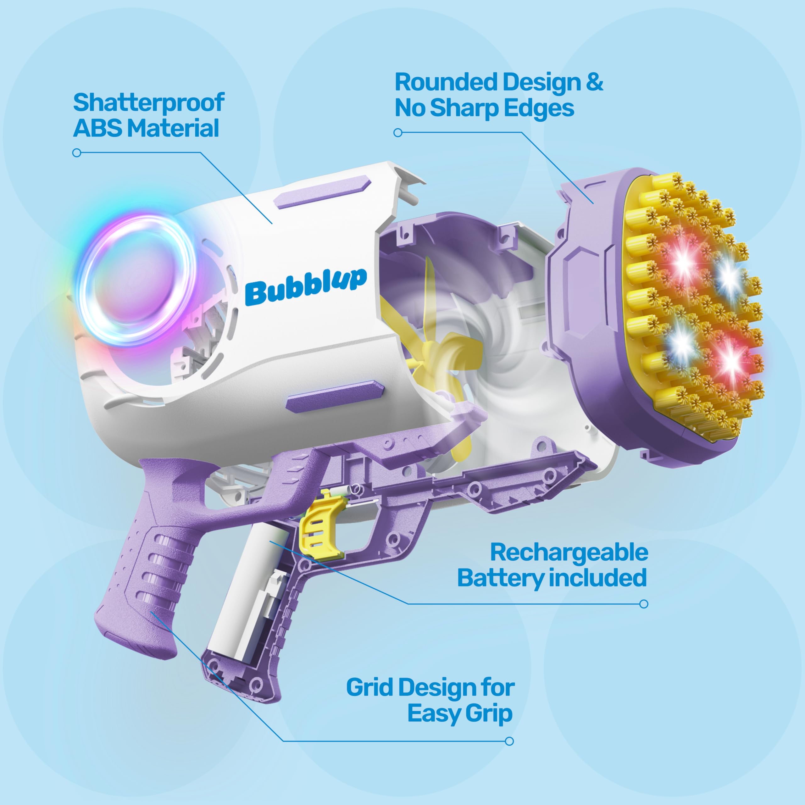 Play-Act 69 Holes Bubble Machine Guns Toys, Bazooka Rocket Shape Bubble Gun for Kids Adults, Colored Lights Blaster Blower with Solution,purple - Image 4