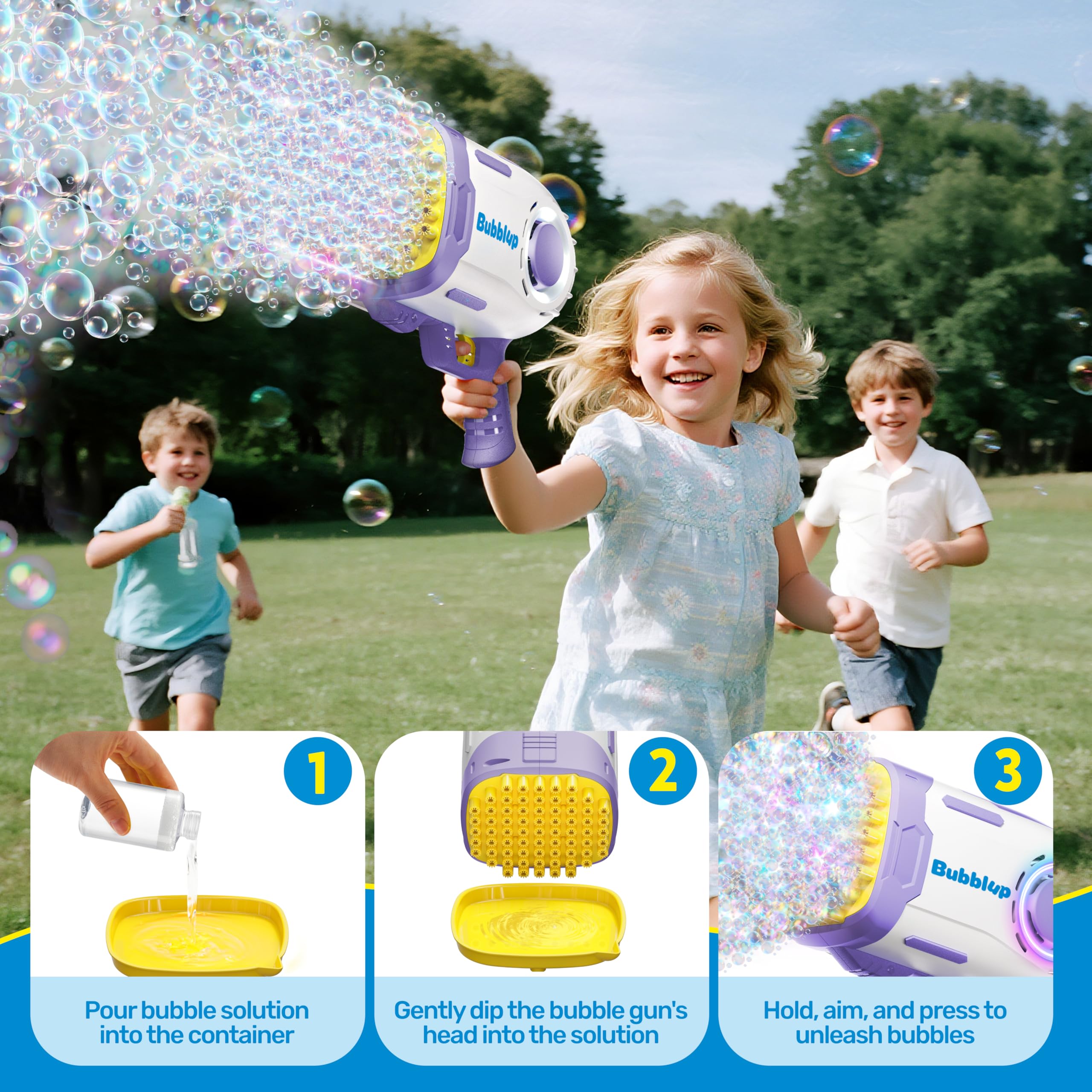 Play-Act 69 Holes Bubble Machine Guns Toys, Bazooka Rocket Shape Bubble Gun for Kids Adults, Colored Lights Blaster Blower with Solution,purple - Image 5