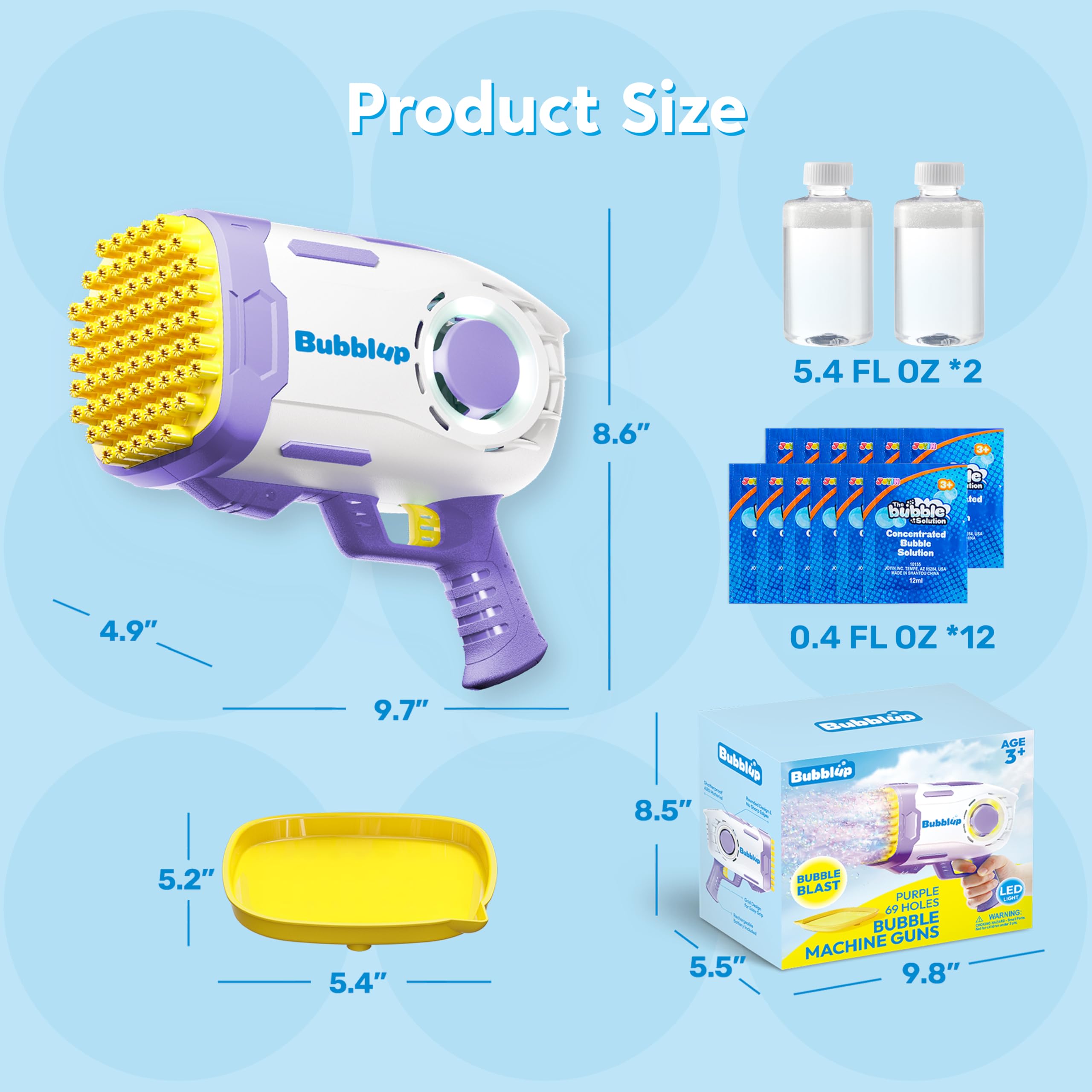 Play-Act 69 Holes Bubble Machine Guns Toys, Bazooka Rocket Shape Bubble Gun for Kids Adults, Colored Lights Blaster Blower with Solution,purple - Image 7