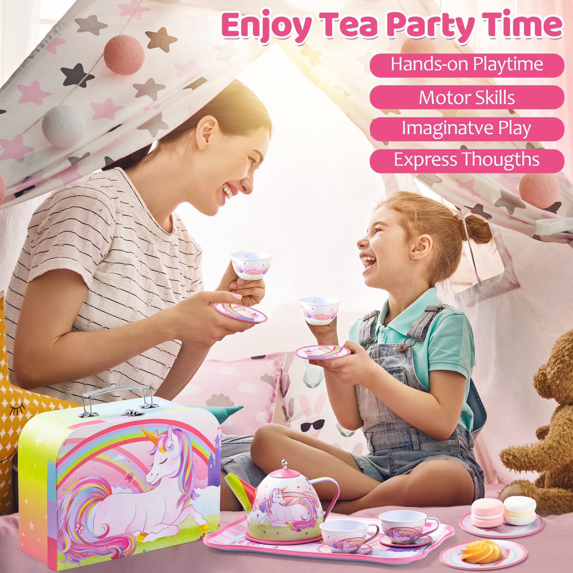 Unicorn Tin Teapot Set With Mermaid Case, 14 Pcs - Image 7