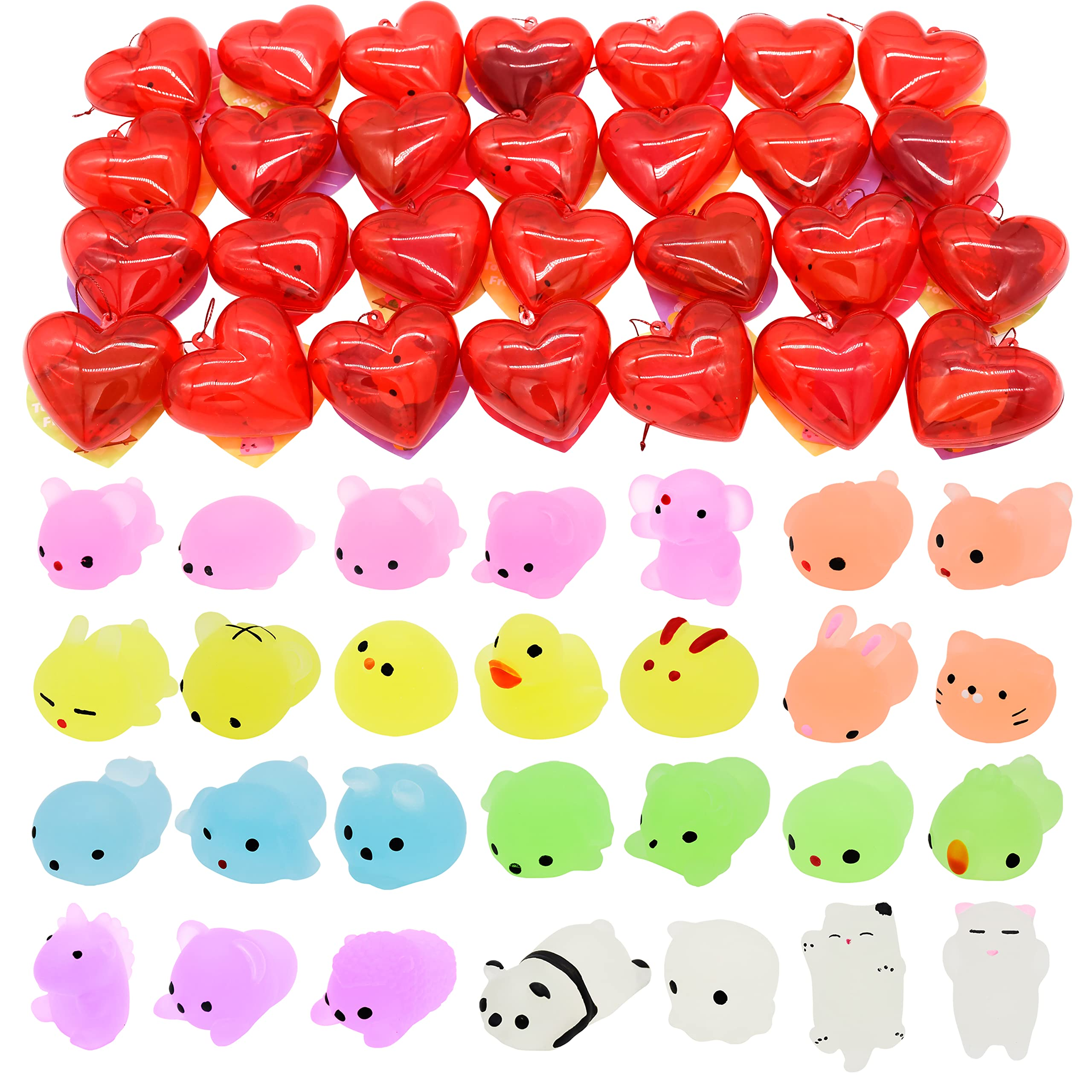28Pcs Glow In The Dark Mochi Squishy Toys Filled Hearts Set with Kids Valentines Cards - Image 2