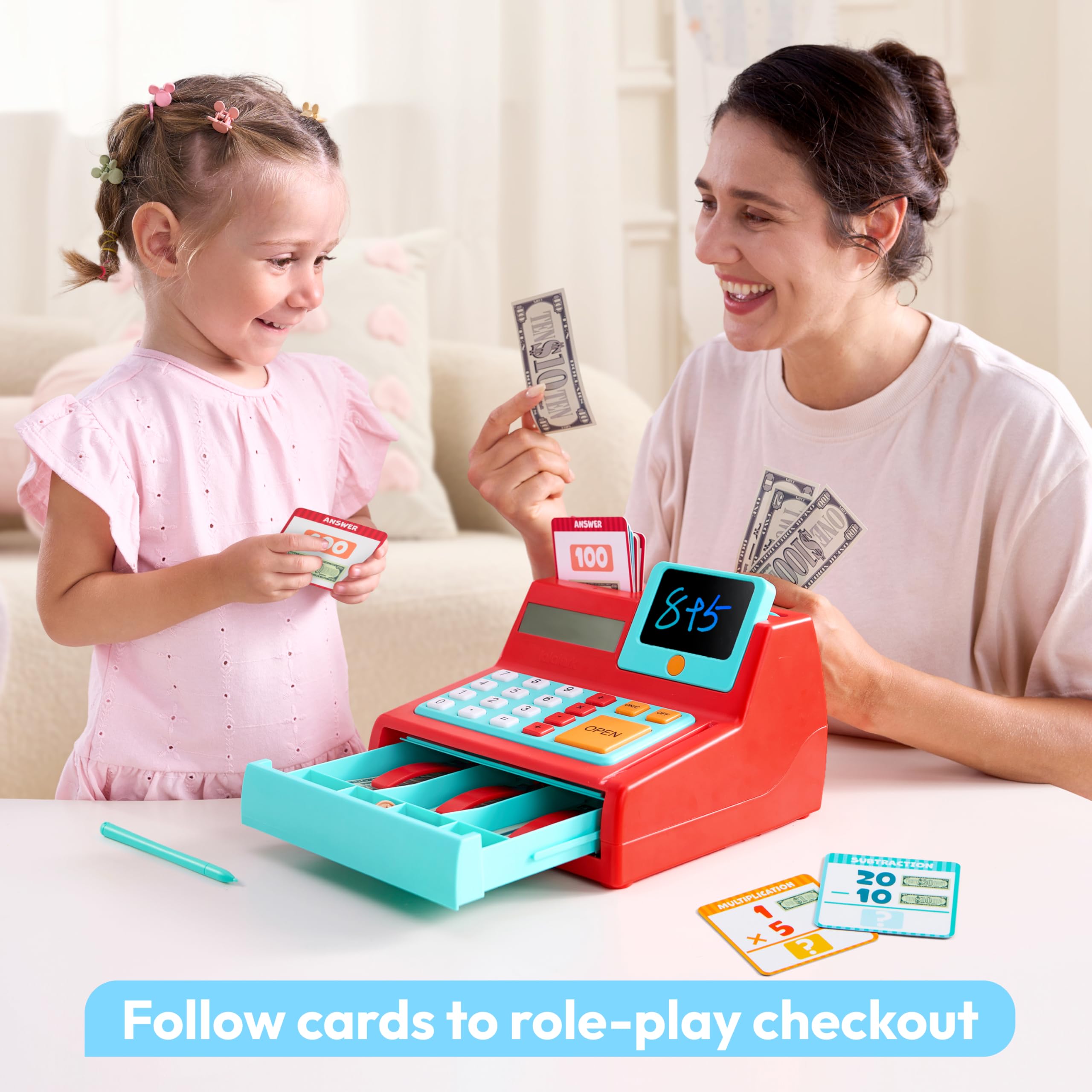 lalalark Kids Cash Register Toy with Play Money, Voice Calculator & Write Erase Pad - Educational Pretend Play Toy for Toddlers 3+ - Image 2