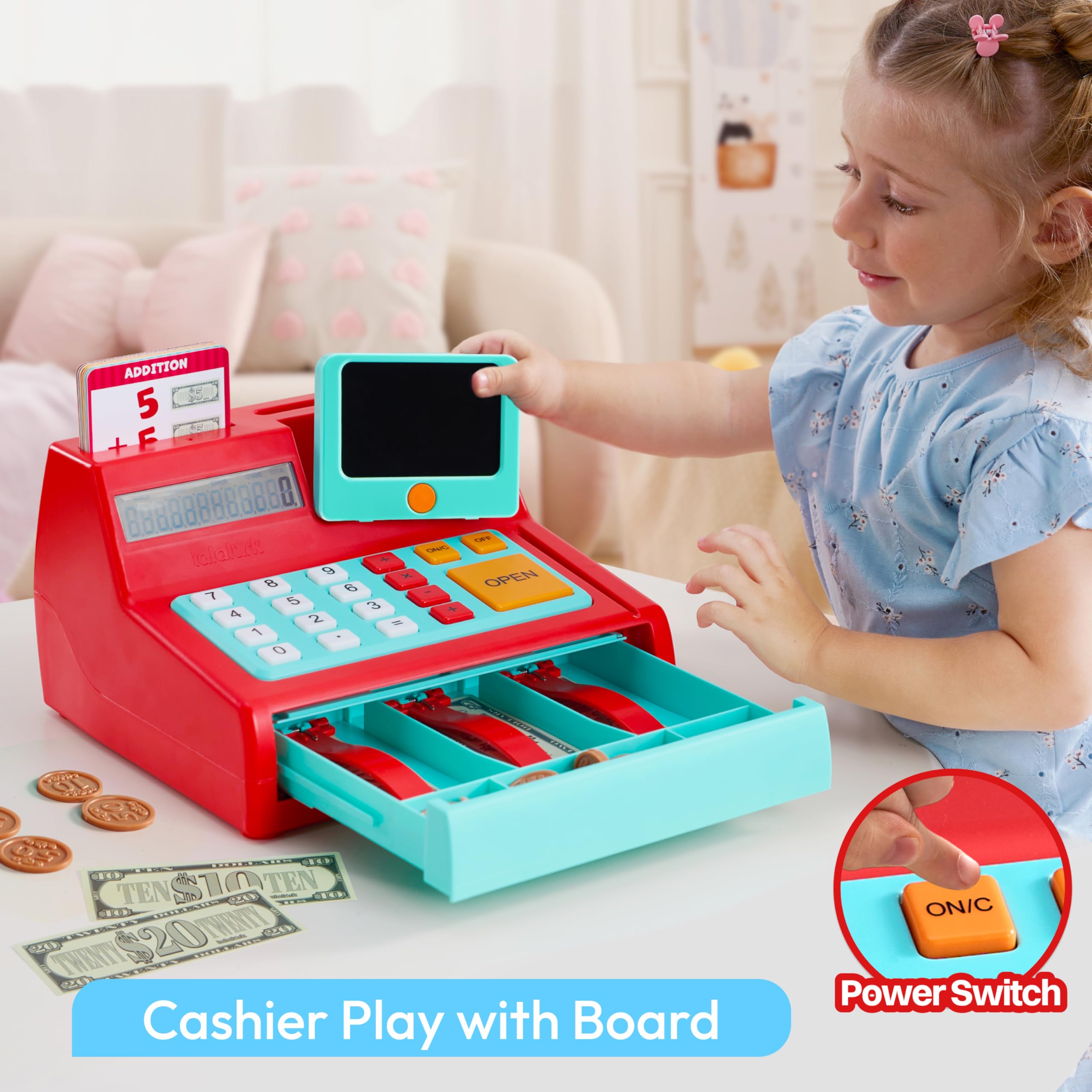 lalalark Kids Cash Register Toy with Play Money, Voice Calculator & Write Erase Pad - Educational Pretend Play Toy for Toddlers 3+ - Image 3