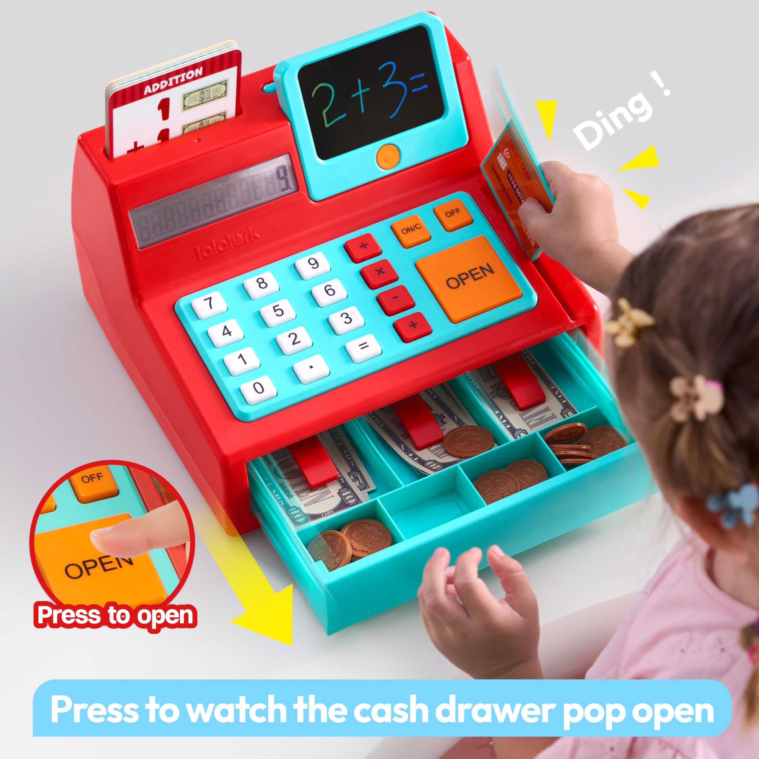 lalalark Kids Cash Register Toy with Play Money, Voice Calculator & Write Erase Pad - Educational Pretend Play Toy for Toddlers 3+ - Image 7