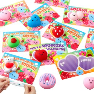 28Pcs Mochi Squishy Toys with Kids Valentines Cards for Classroom Exchange Gift